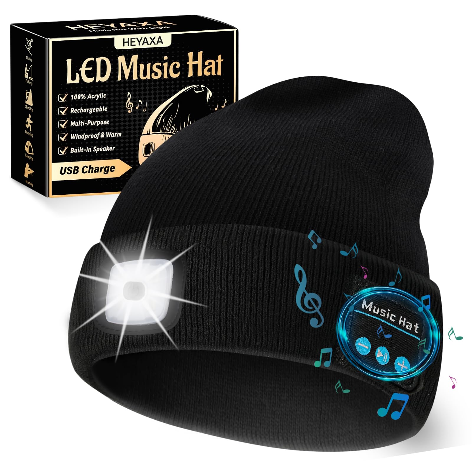 HEYAXA Bluetooth Beanie Hat, USB Rechargeable 4 LED Wireless Music Running Headlamp Cap, Gifts for Christmas, Stocking Stuffer &