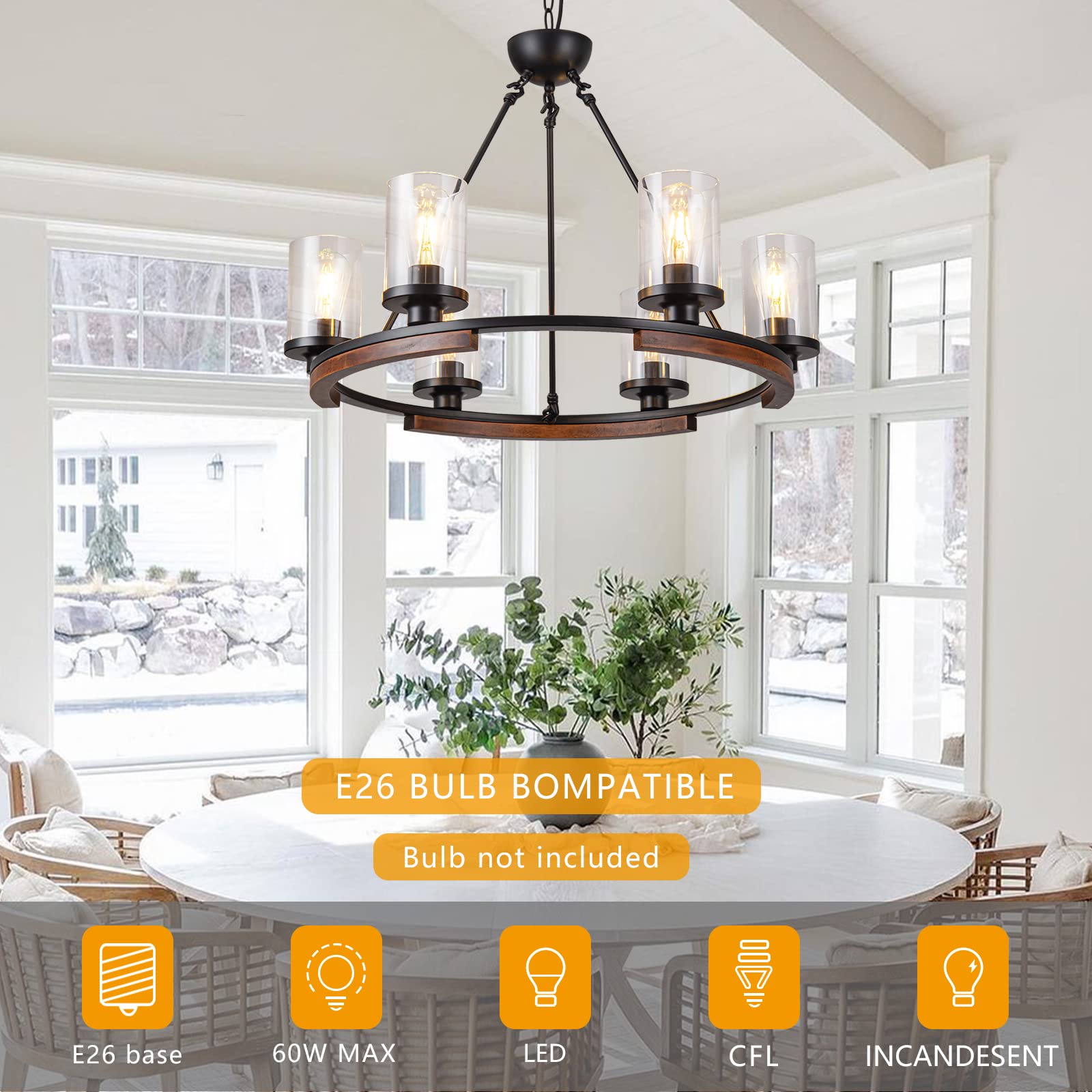 NSRCE 28-Inch Rustic Wagon Wheel Chandelier, 6-Light Round Pendant Light, Matte Black, Metal Shade for Kitchen, Living Room, Foyer
