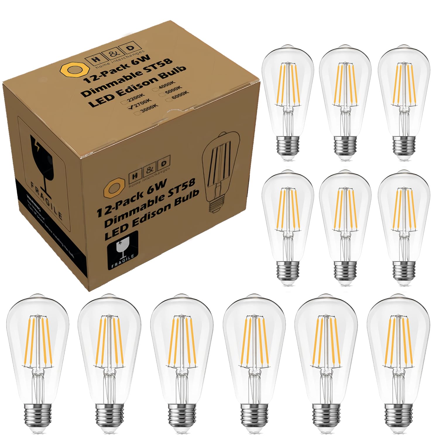 H&D Home Interchanges LED Edison Bulbs 60W Equivalent Dimmable Glass Warm White 2700K 12-Pack E26 Base