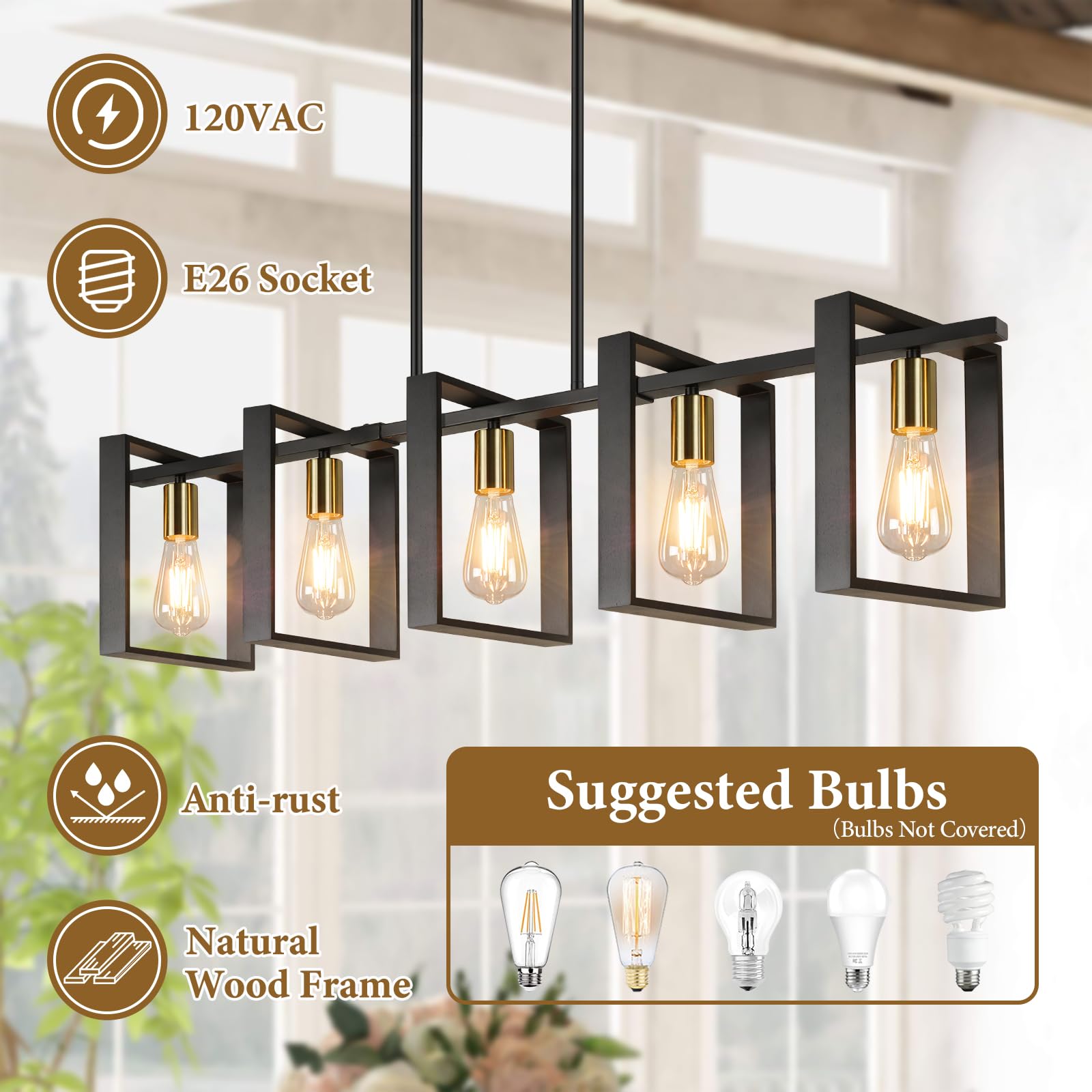 Brightever 5-Light Black Gold Dining Room Chandelier, Wood Modern Pendant Light Fixture, Model 3668-P5-GDBK