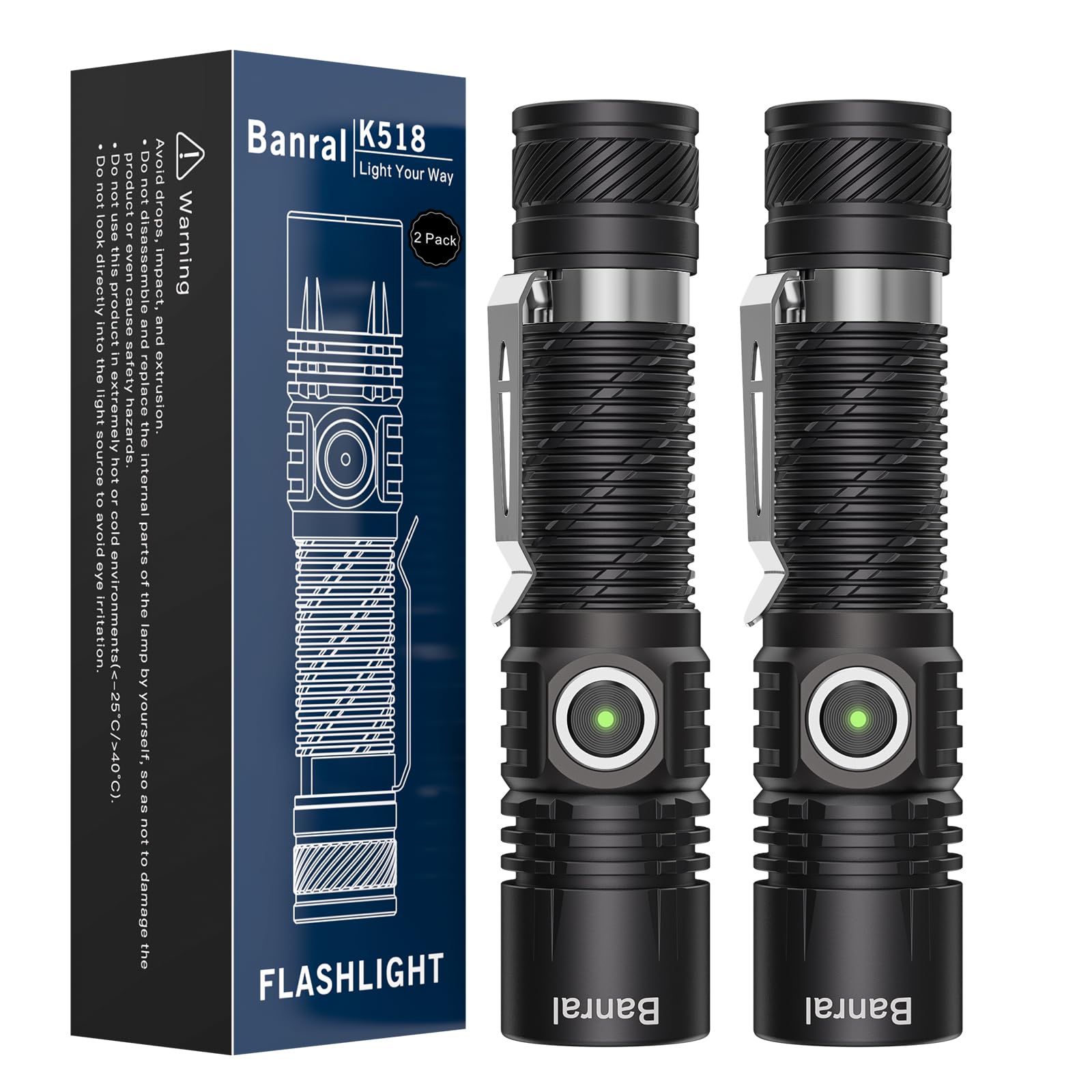 Banral Rechargeable Tactical Flashlight, High Lumens, USB-C, Waterproof, Mini Size, Black, Model K518