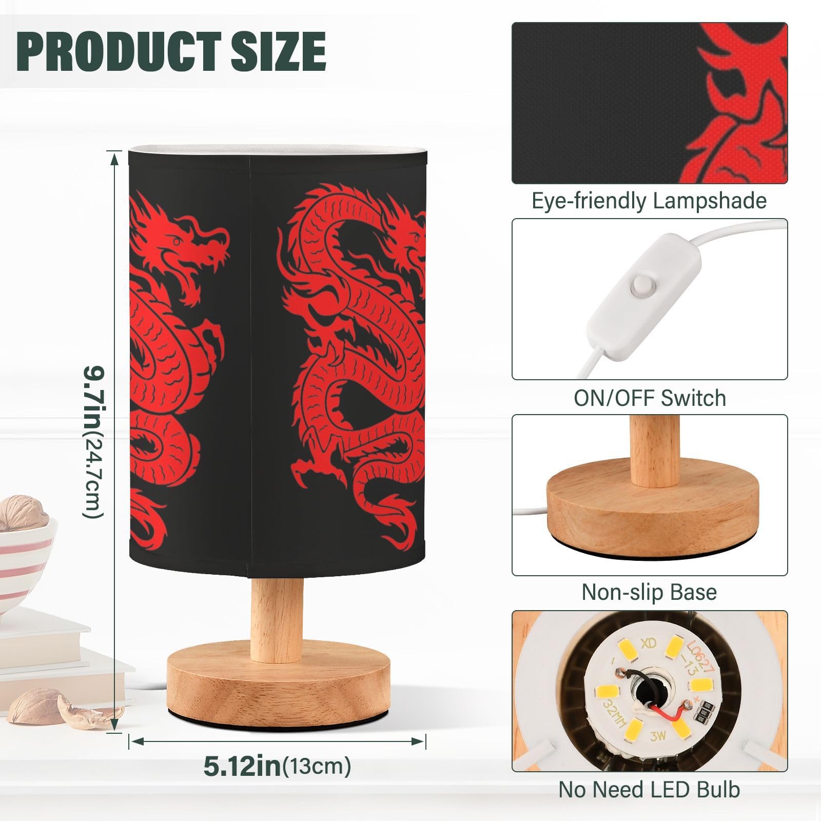 Yyzzh Table Lamp Red Chinese Dragon On Black Nightstand Lamp With Wood Base Fabric Lamp Shade Bedside Desk Lamp For Living Room