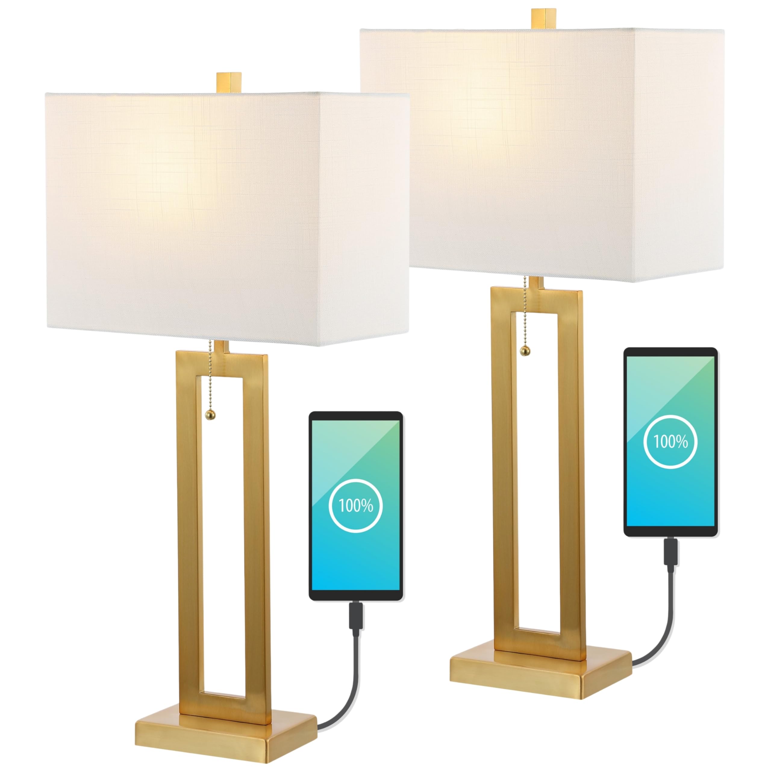 JONATHAN Y 28.5 Brass Gold Table Lamp Set of 2 with USB Port and Pull Chain, Modern Industrial Bedside Lamp for Living Room, Rec
