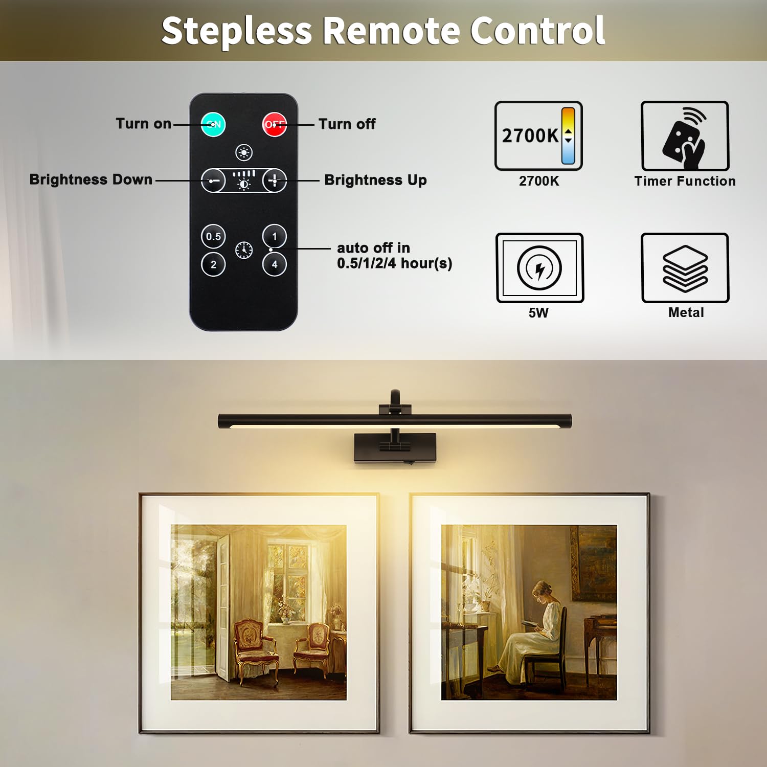DESOOP Dimmable Picture Light 24 Inch Black with Remote & Timer, 5W Warm White Rechargeable Gallery Lighting