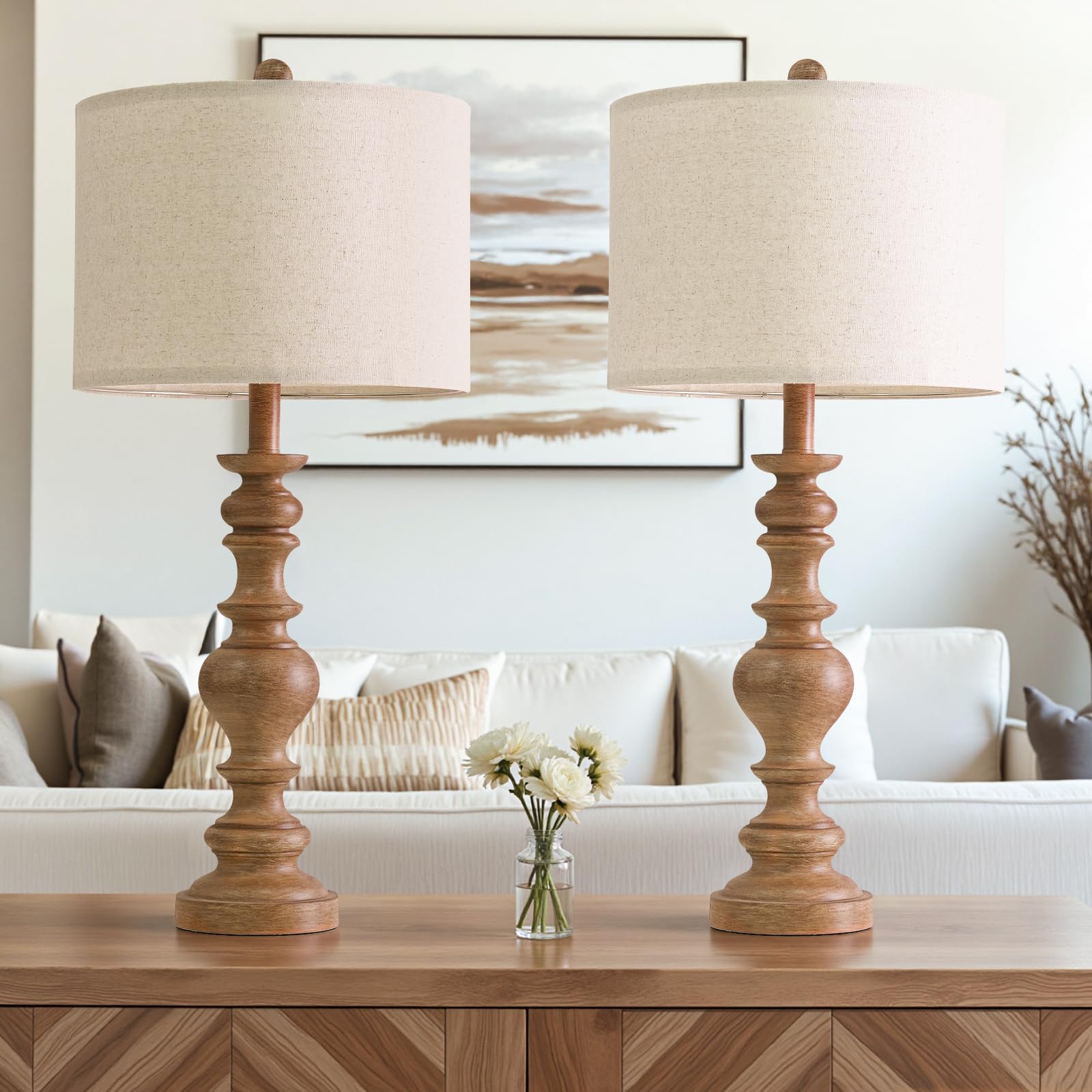 Bobomomo 27  Light Brown Table Lamps Set Of 2  Large Farmhouse Resin Lamps With Linen Shades  Rustic Vintage Lamps For Living Room  Bedroom  Console Table Or Entryway Home Lighting