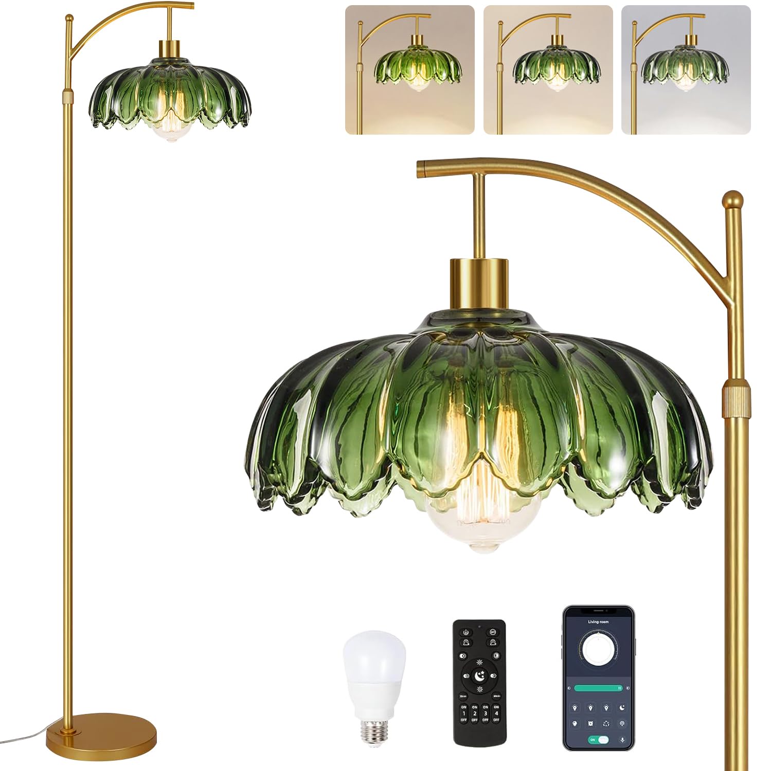 ILLMTW Gold Floor Lamp for Living Room,Bedroom,Mid Century Modern Standing Lamp with Remote,Dimmable Brass Tall Lamp Vintage Ret