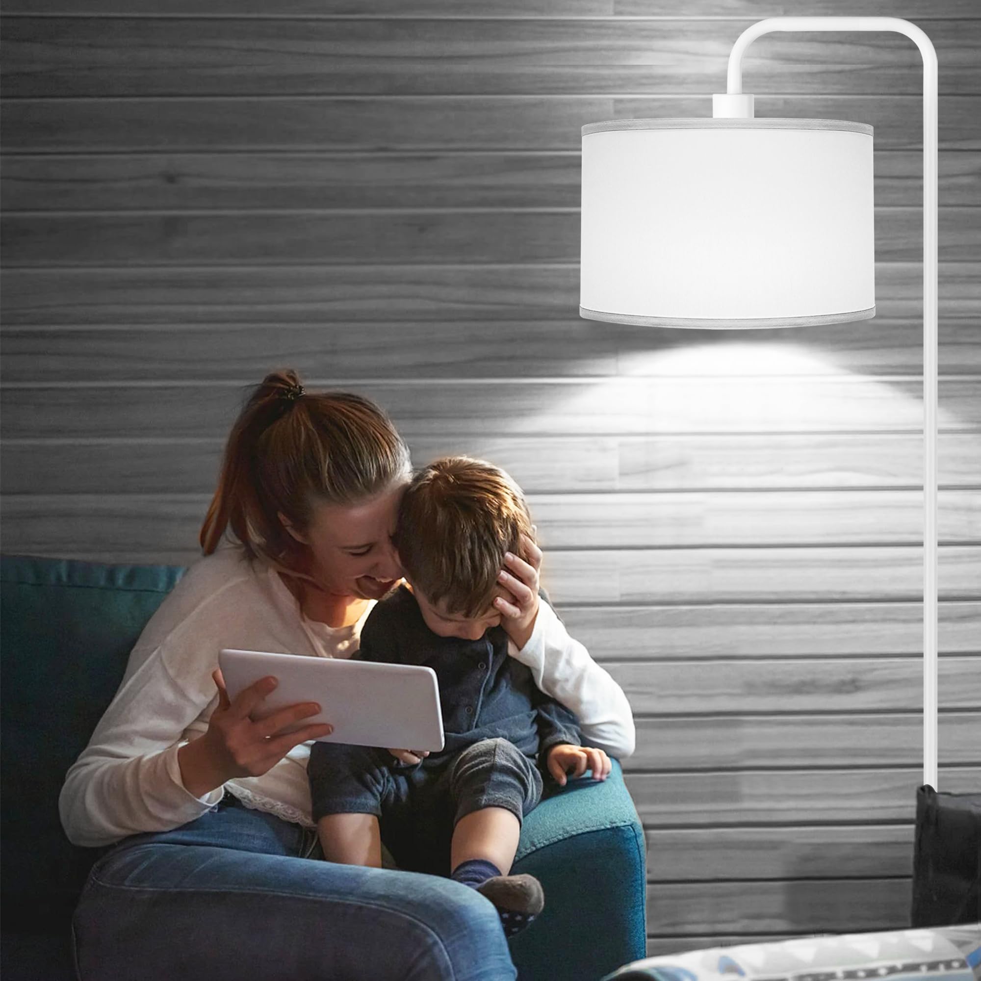 PARTPHONER LED Floor Lamp, 3 Color Temperatures, Foot Switch, Metal and Fabric, Modern Design, Model STR-FL-0162, White