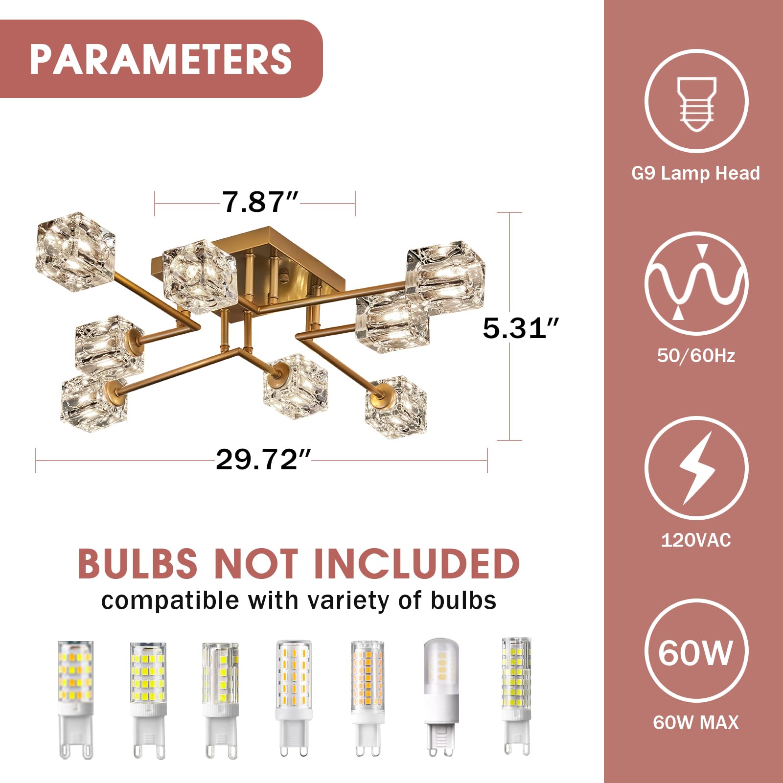 Qgiytp Vintage Gold Semi Flush Mount Ceiling Light 8-Light Glass Sputnik Chandeliers Mid Century Modern Crystal Ceiling Light Fi