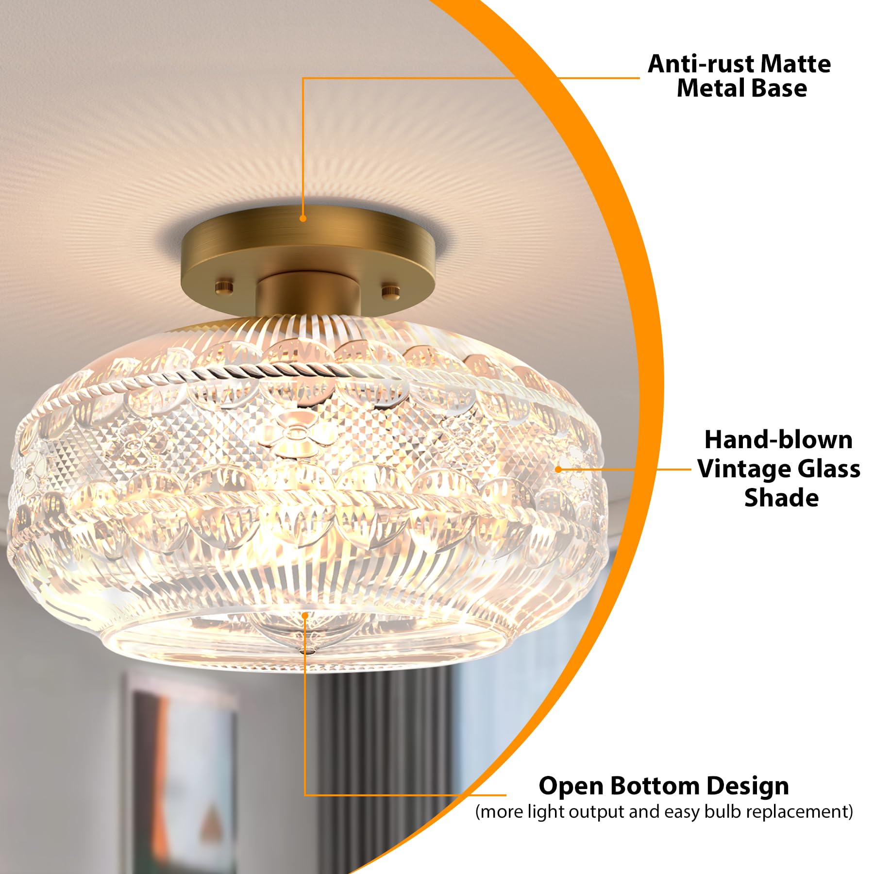 Apoto 11'' Large Semi Flush Mount Ceiling Light Fixture,Gold Globe Glass Light Fixtures Ceiling Mount,Vintage Hallway Light Fixt