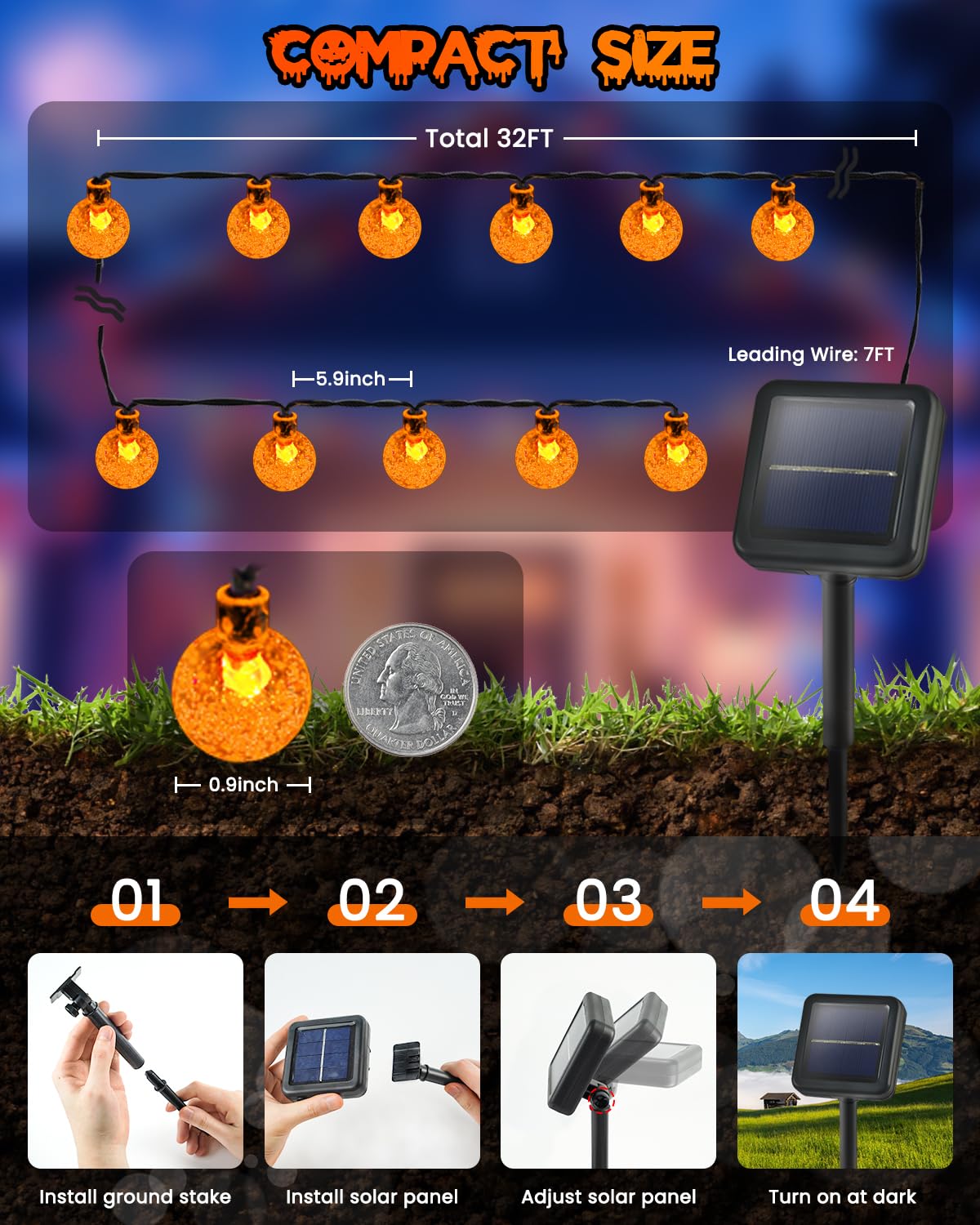 LORRYTE Solar Christmas Lights 100 LED 64FT Waterproof Orange 2-Pack Model SSLGW