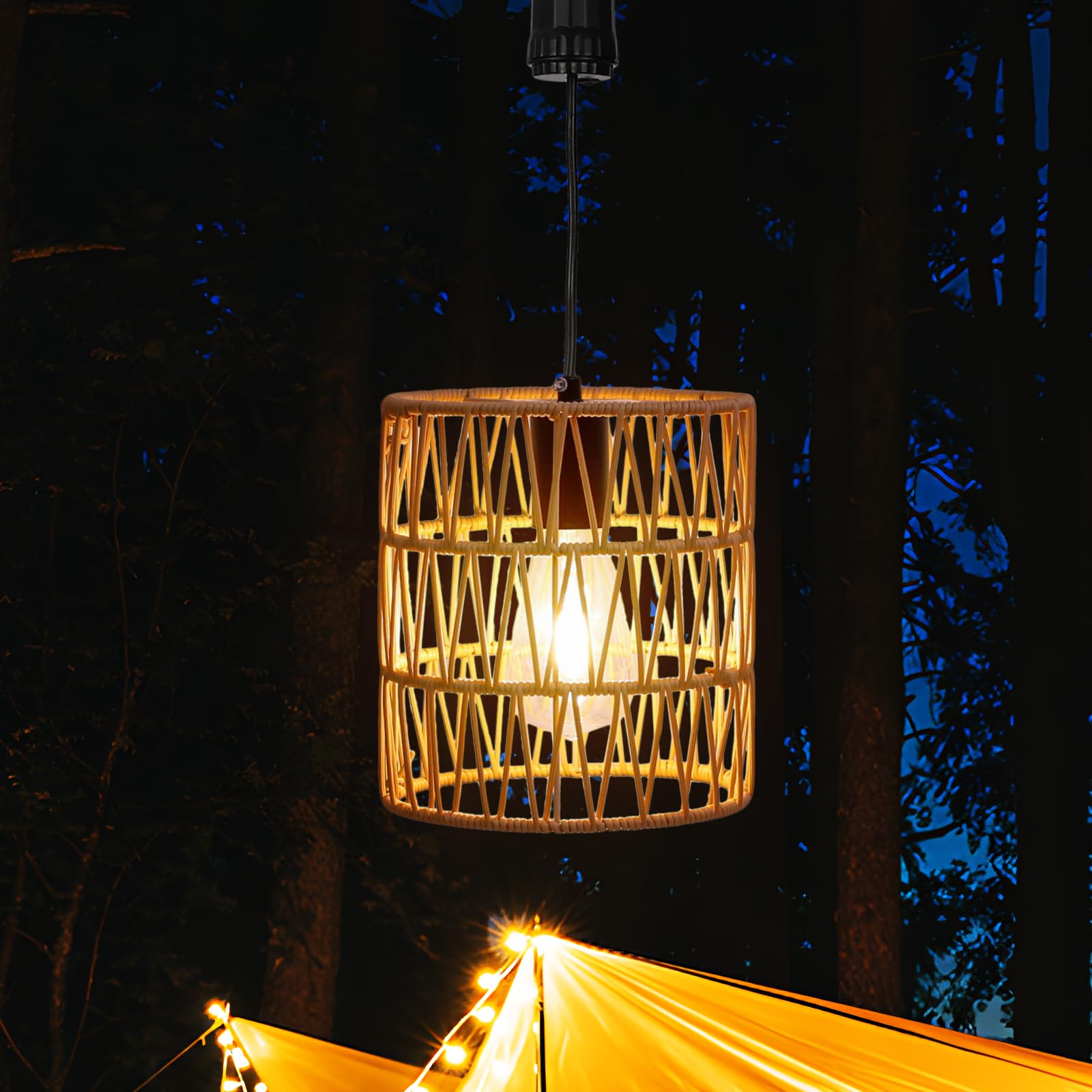 Livinlarge Battery Operated Chandelier,Hanging Rattan Pendant Lights with Timer,Gazebo Lights with Warm White Bulb,4*AA Battery 