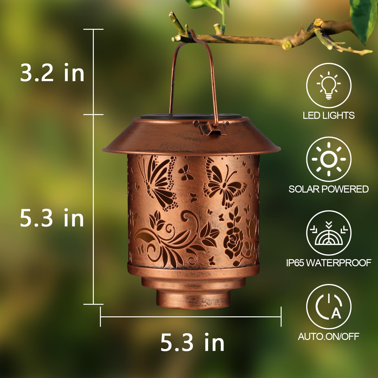 Outdoor Hanging Solar Lantern Waterproof Outside Metal Openwork Butterfly Pattern Landscape Lights For Porch Garden Yard Patio P
