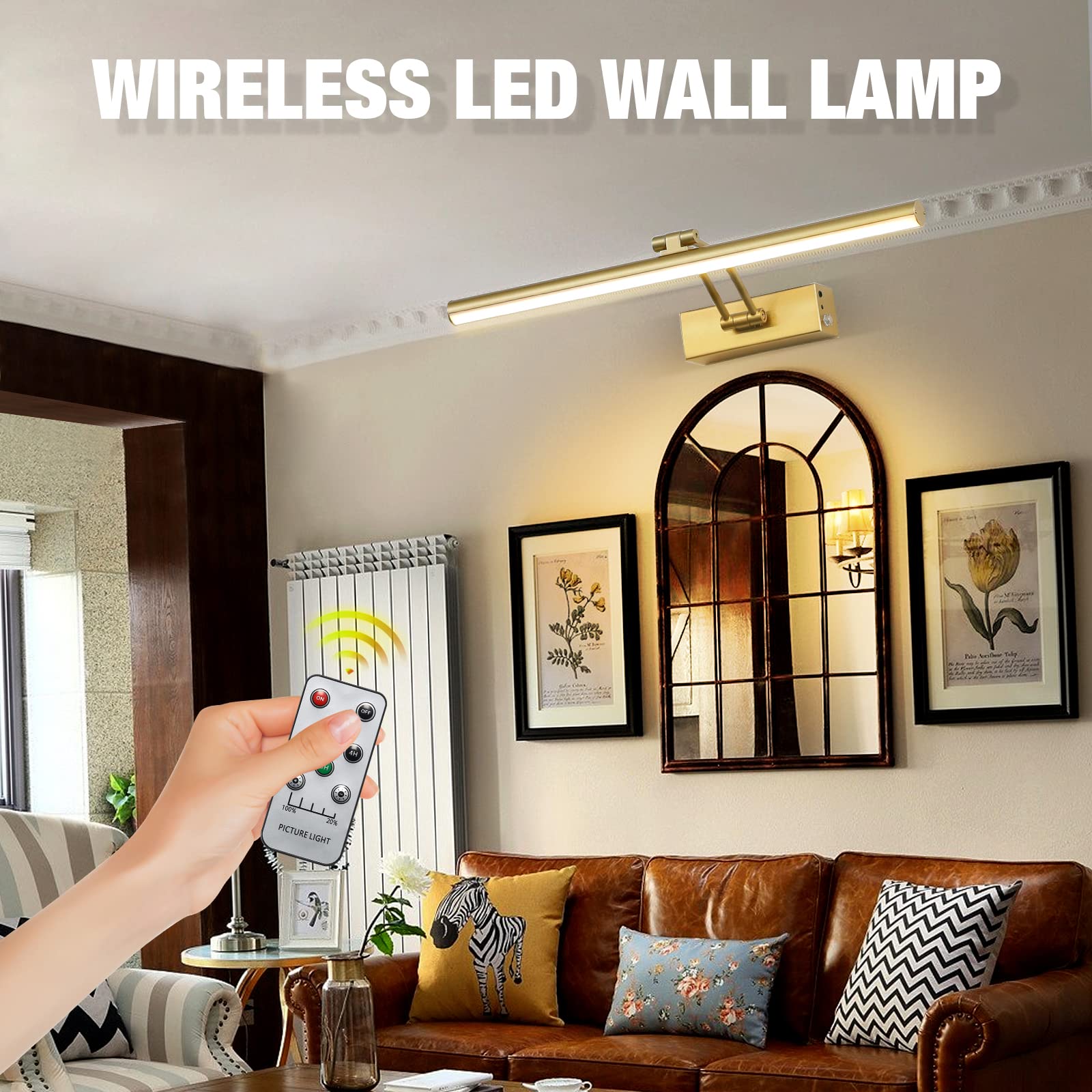 HOWMZON Wireless Picture Light, 5200mAh Battery Operated, Metal, 16in Gold, Model HW2300, Curved Arm for Wall Display