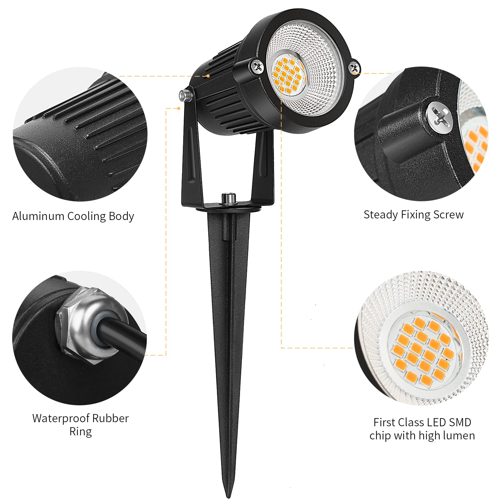 REEGOLD 7W LED Landscape Spotlights - 700LM Warm White - IP65 Waterproof - 6 Pack, Aluminum, 12V/24V for Garden/Yard Pathway