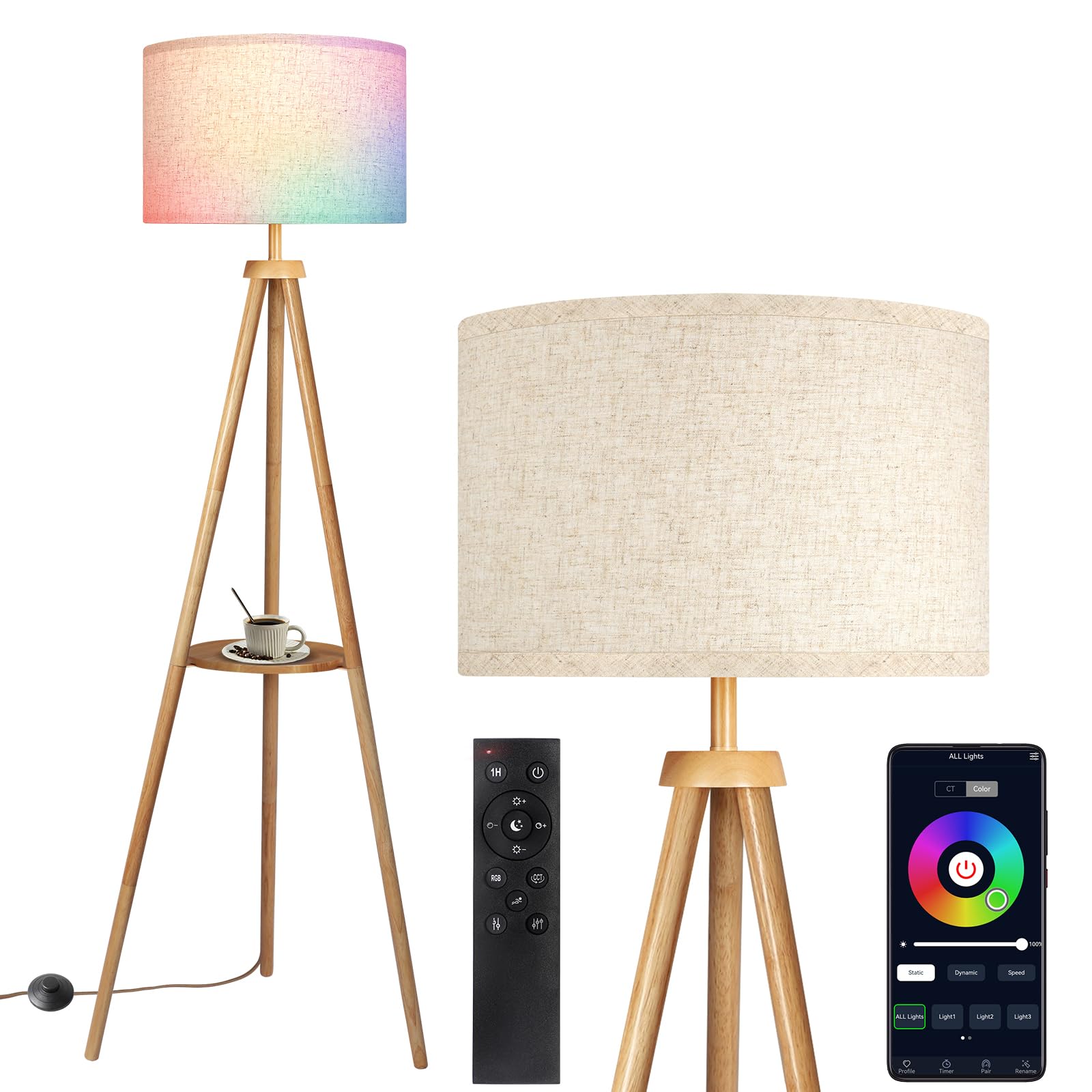 OUTON Wood Tripod Floor Lamp with Shelves, Mid Century Dimmable Floor Lamp with Remote Control, LED Tall Standing Lamp for Livin