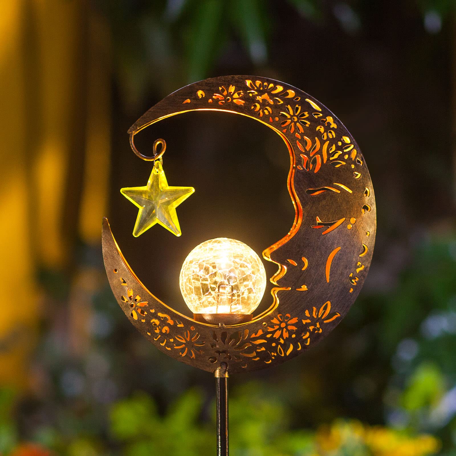 Hapjoy Solar Moon Lantern, Waterproof Crackle Glass Globe Stake Light, Bronze Outdoor Decor