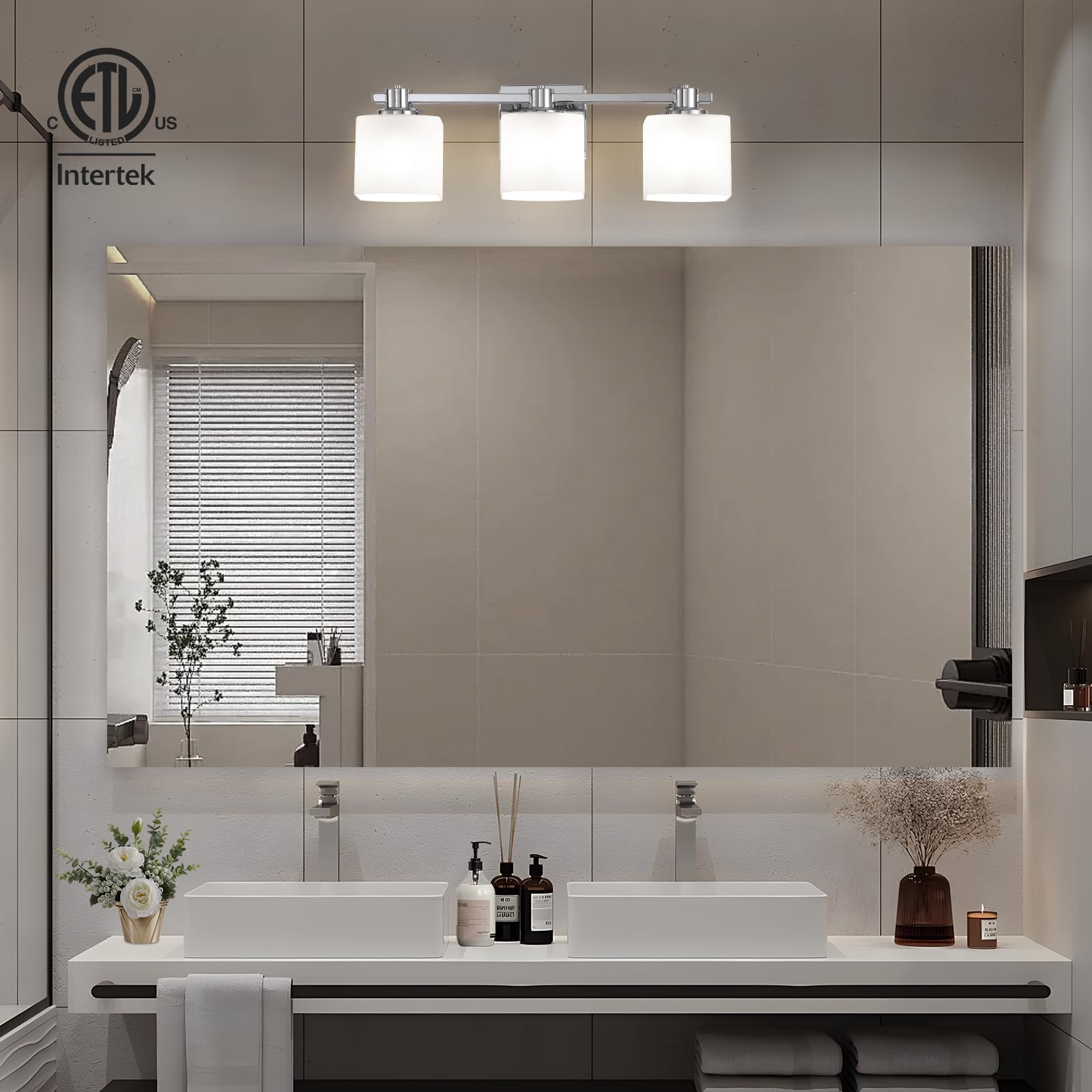 Nedyzog 24 Inch Chrome Bathroom Light Fixtures Over Mirror 3 Light Bathroom Vanity Light Silver Modern Industrial Makeup Lighting Wall Sconce Shower Farmhouse Rustic Milk Glass Lamp Above Desk Sink