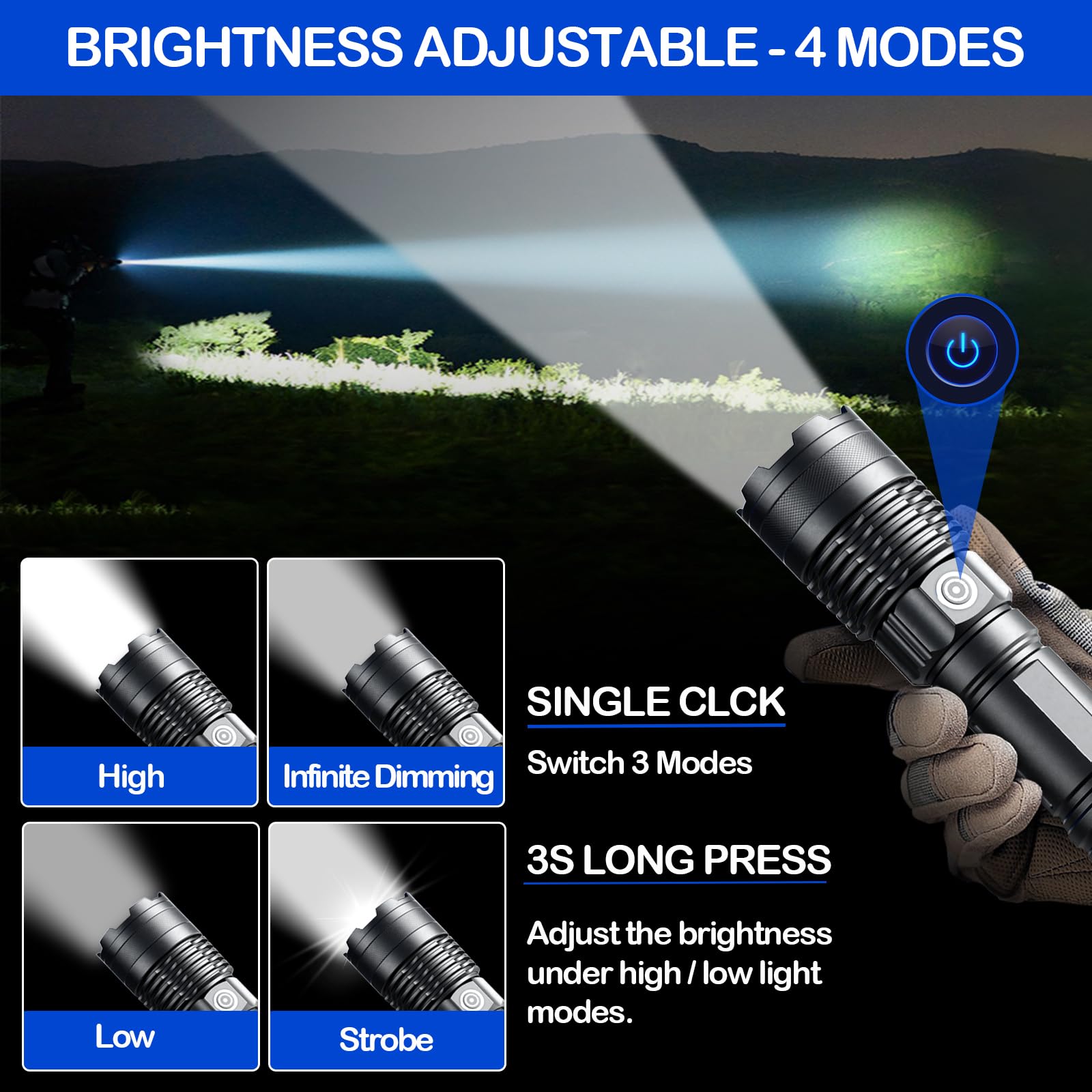 Rechargeable Flashlights High Lumens, 1 Pack Super Bright Tactical Flashlight With Adjustable Lighting Modes, Zoomable Handheld