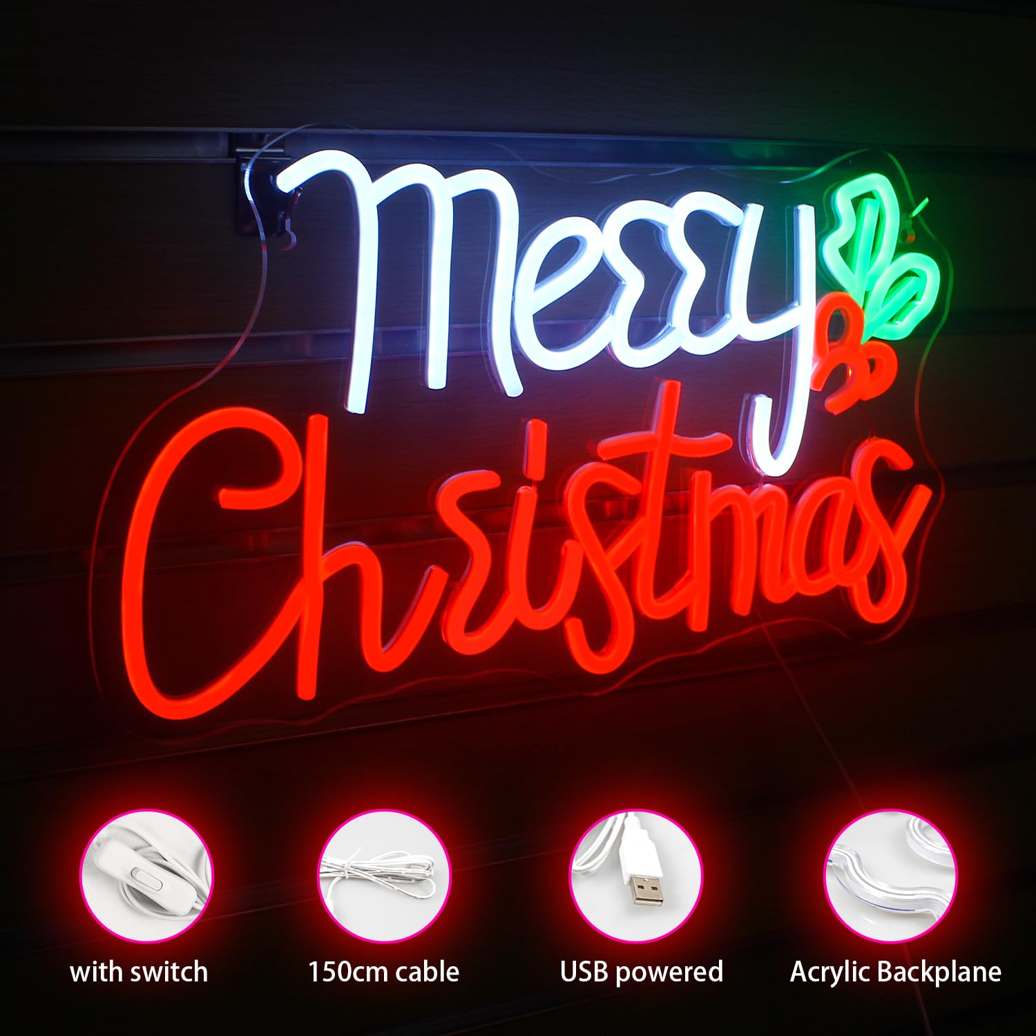 Ineonlife Merry Christmas Neon Sign - Led Light Bar For Holiday Decor, Usb Powered, 16.5&quot;X9.8&quot;