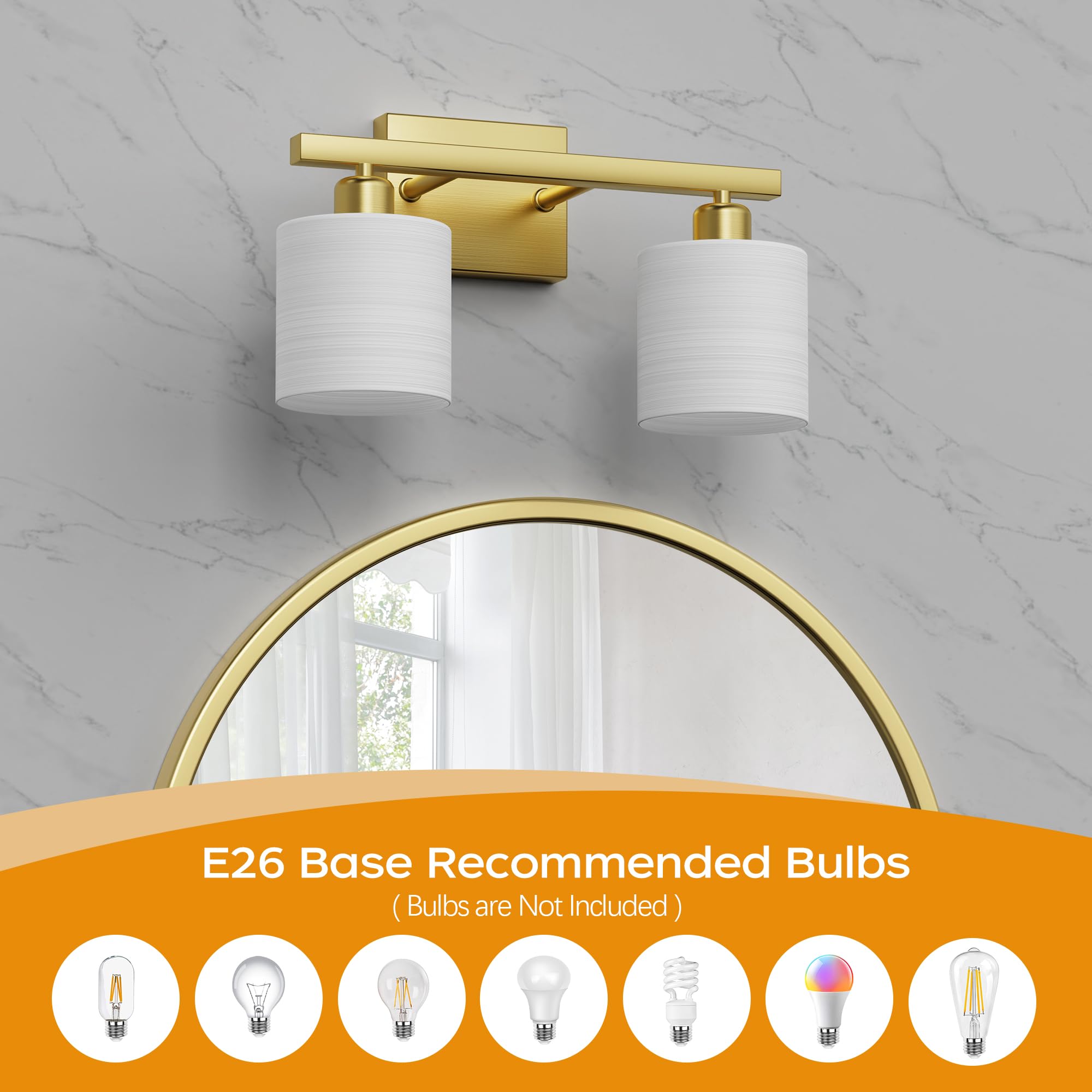 PARTPHONER Classic Vanity Light, 2-Light, Textured White Glass Shade, Brushed Gold, Model PAWL200AJ1