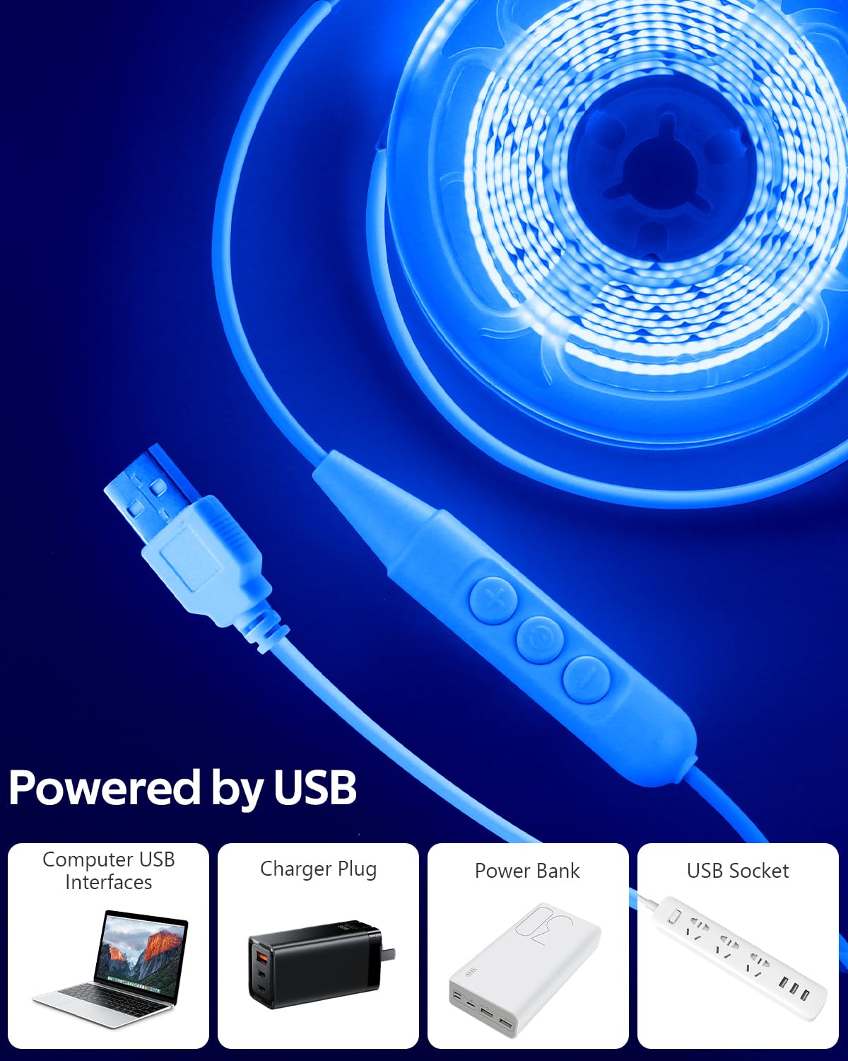 Aclorol Cob Led Strip Light 5V Usb 1M/3.28Ft Dimmable Blue Led Strip Lights Flexible Led Tape Light With 8Mm Width High Brightne