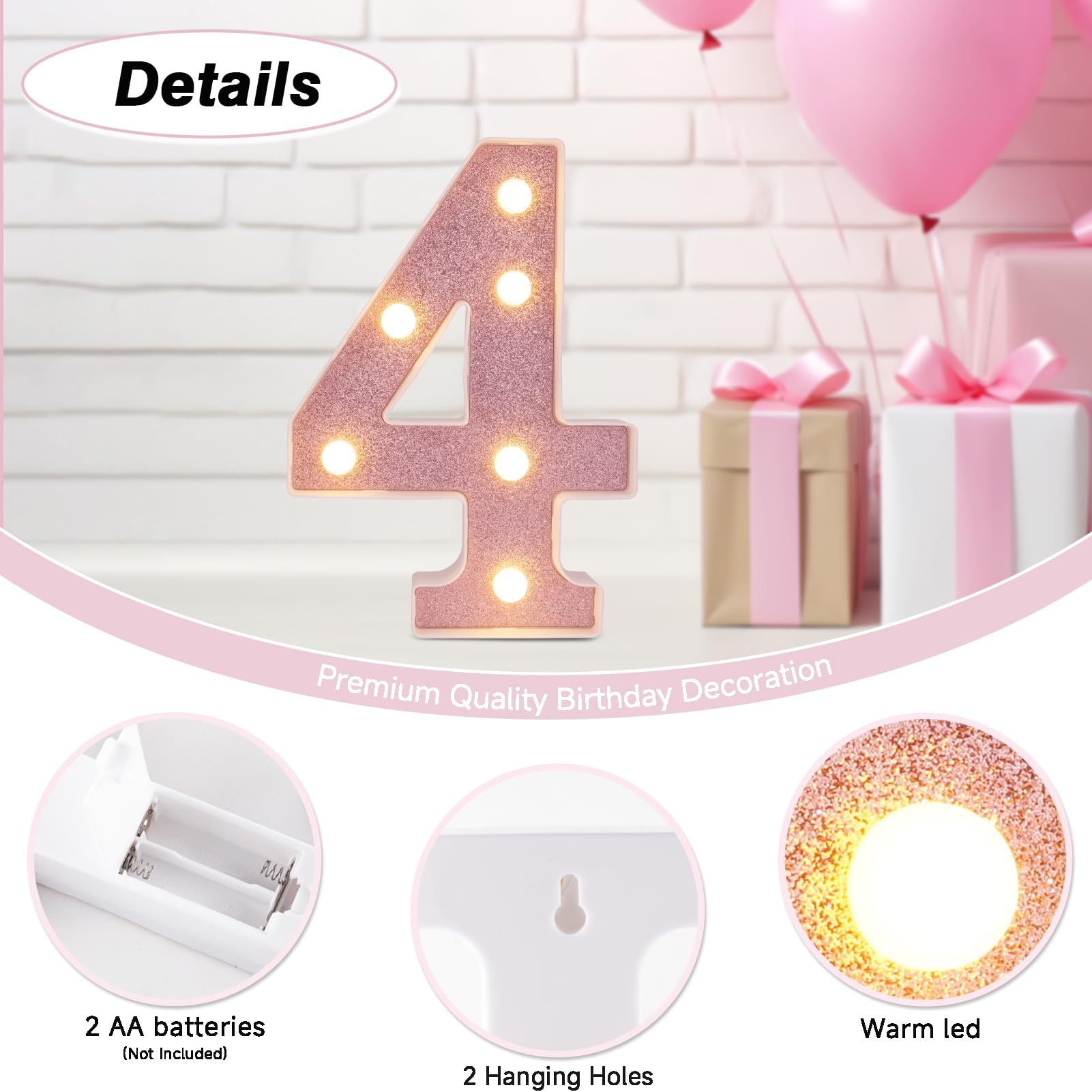 DyingSwan LED Marquee Number, Light Up Number 4, 8.58 Inch, Pink Glitter, Battery Powered Plastic Night Light for Party Decor