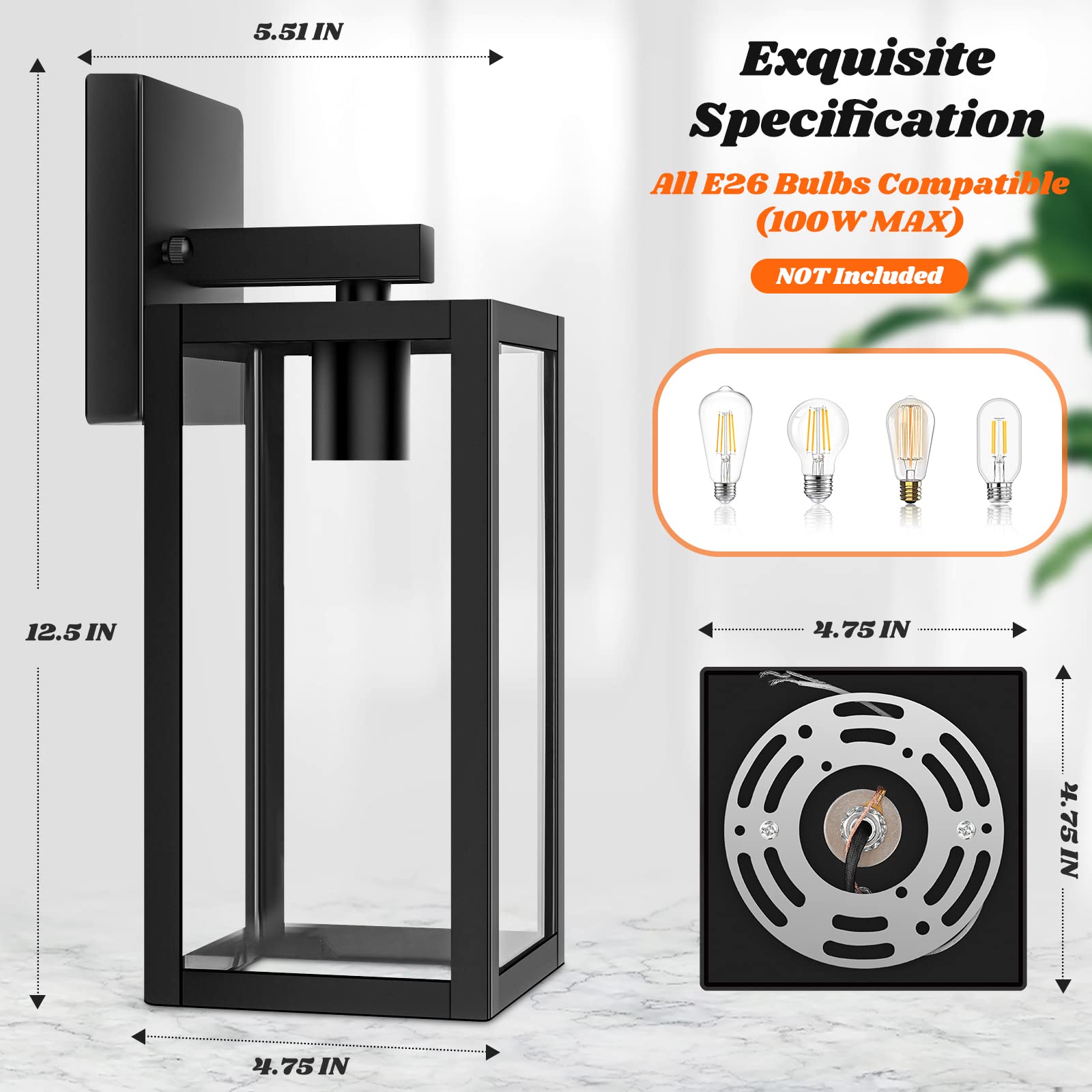 Brightever 2-Pack Outdoor Wall Lanterns, Waterproof Black Metal Sconces, Clear Glass, Model B04018P