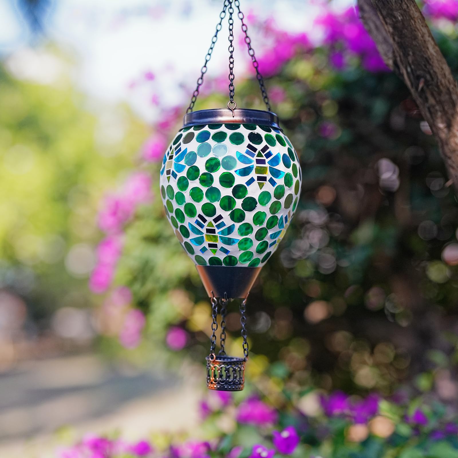 DREAMSKIP Solar Hot Air Balloon Lantern - Green Mosaic Glass, Waterproof Hanging Light for Patio & Garden, Model 49120507