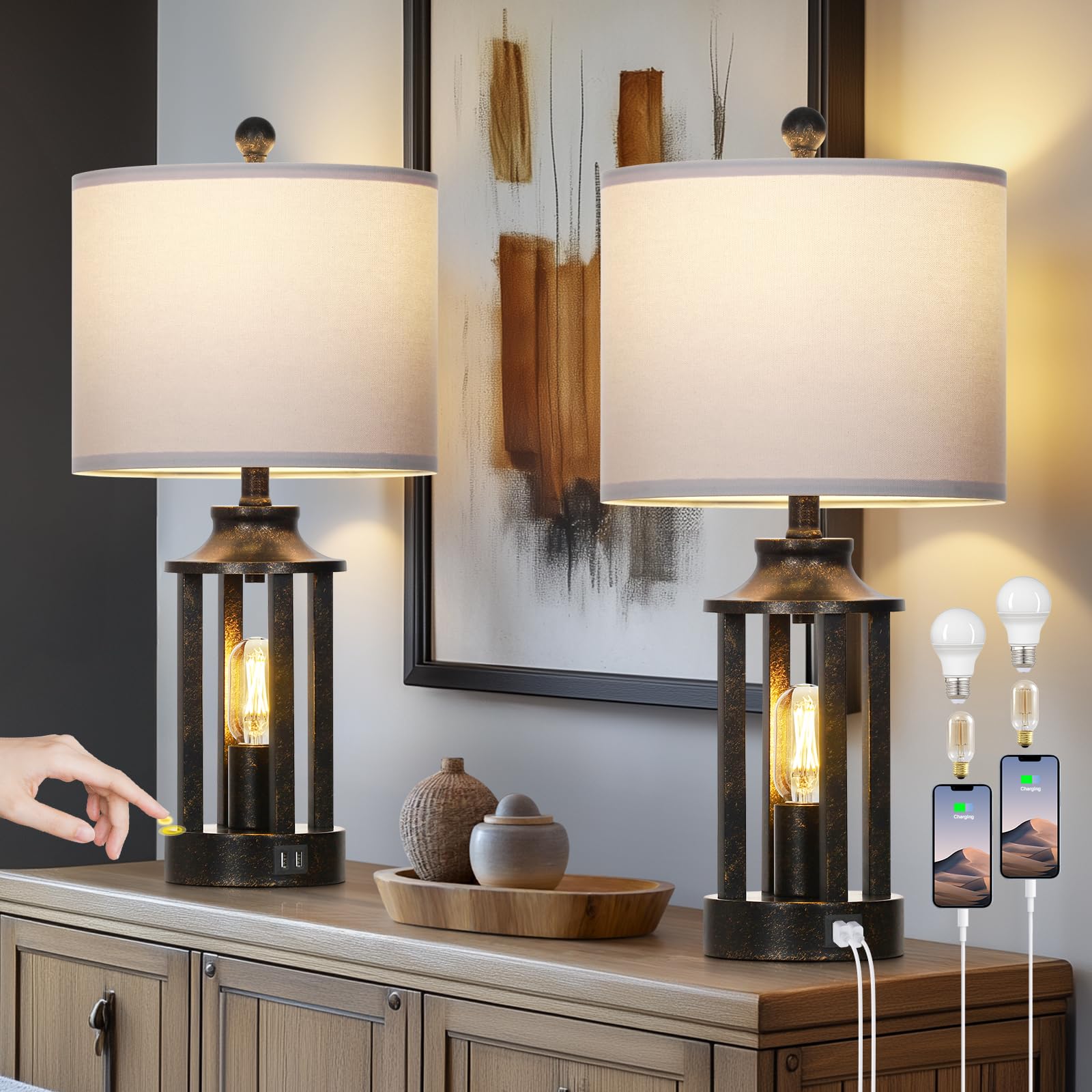 Farmhouse Table Lamps Set Of 2, Vintage Living Room Lamps With 2 Usb Ports, 3 Way Dimmable Touch Control Bedroom Lamp With 2 Led