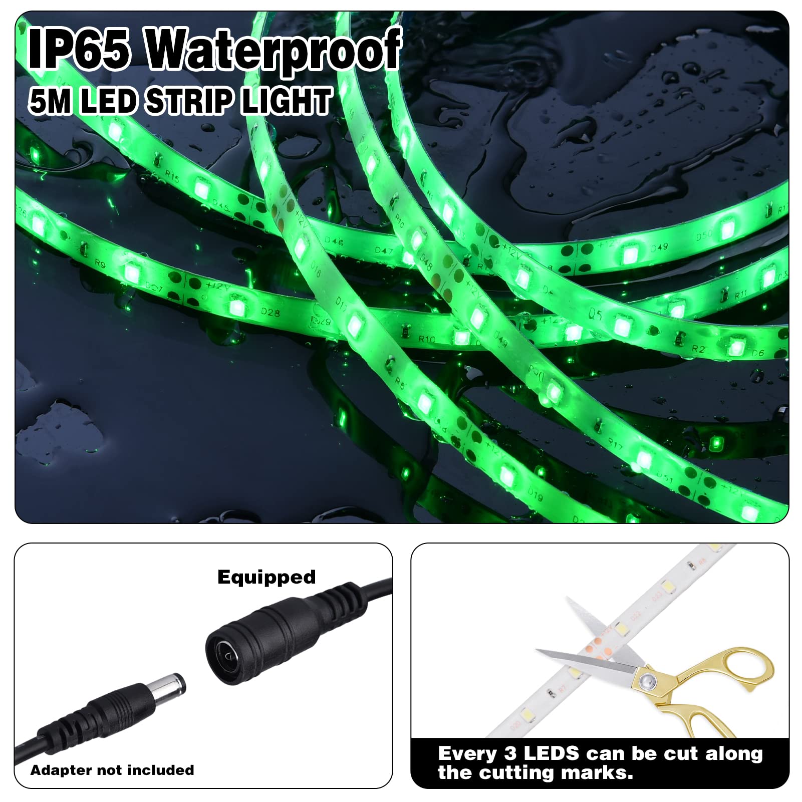 Inextstation 12V Led Light Strip Ip65 Waterproof Green Led Strip Lights 16.4Ft/5M Cuttable 300 Smd 2835 Led Tape Flexible Led Li
