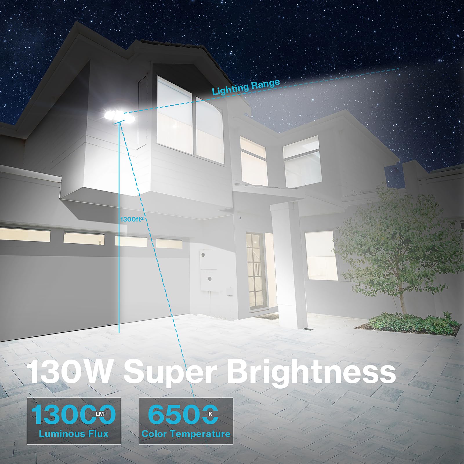 Olafus 130W LED Flood Light - 13000LM, IP65 Waterproof, 3 Adjustable Heads, 6500K, Black, Model BDD100-3