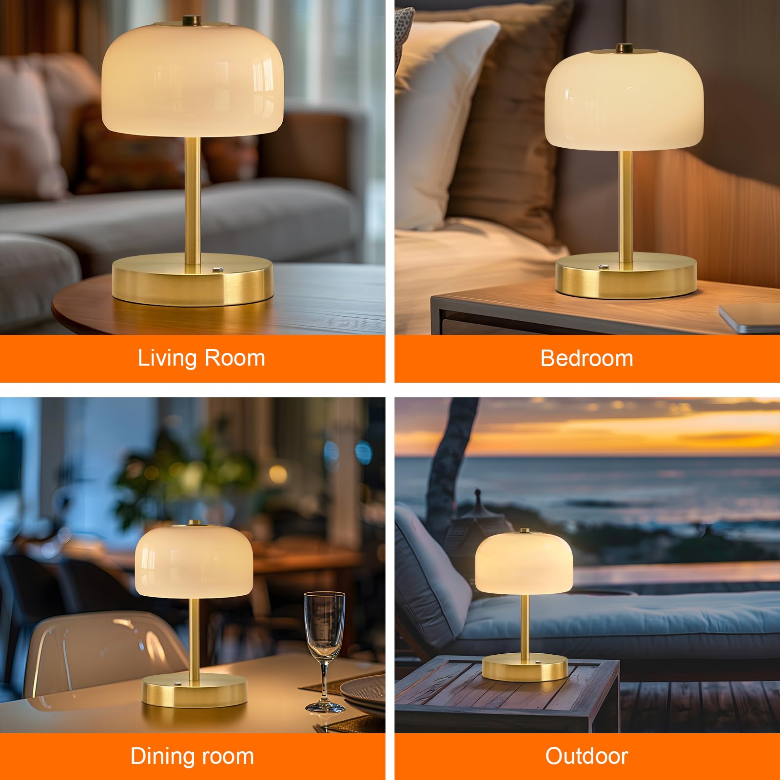 PORTRES Cordless Table Lamp Rechargeable Battery Operated Mushroom lamp Opal Glass Shade 3 Way Dimmable LED Touch Outdoor Lamp f