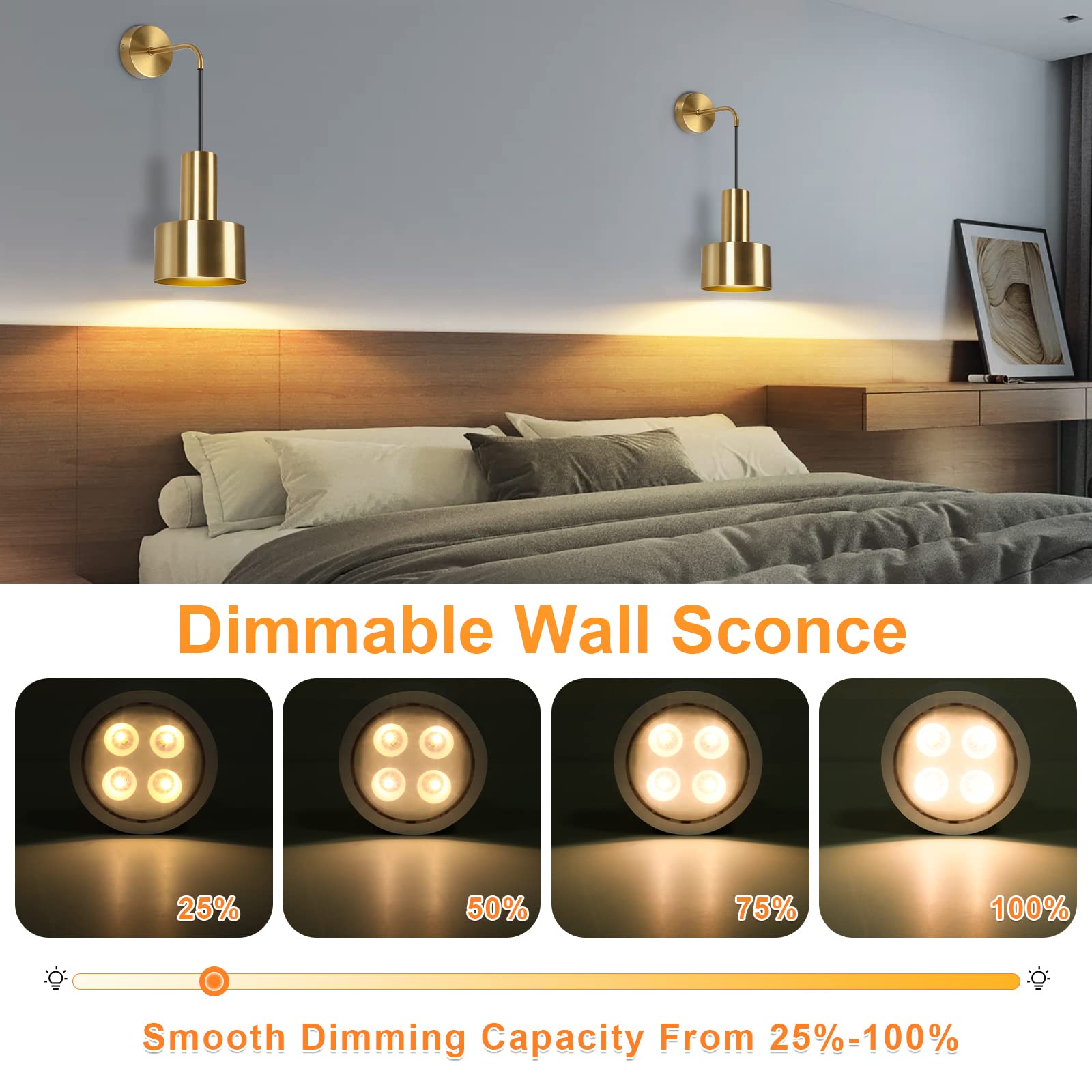 VerRon Gold Wall Sconce Set of 2, Dimmable LED Lights with Remote Control, 3000K-6000K Adjustable, Model L2005-1BS