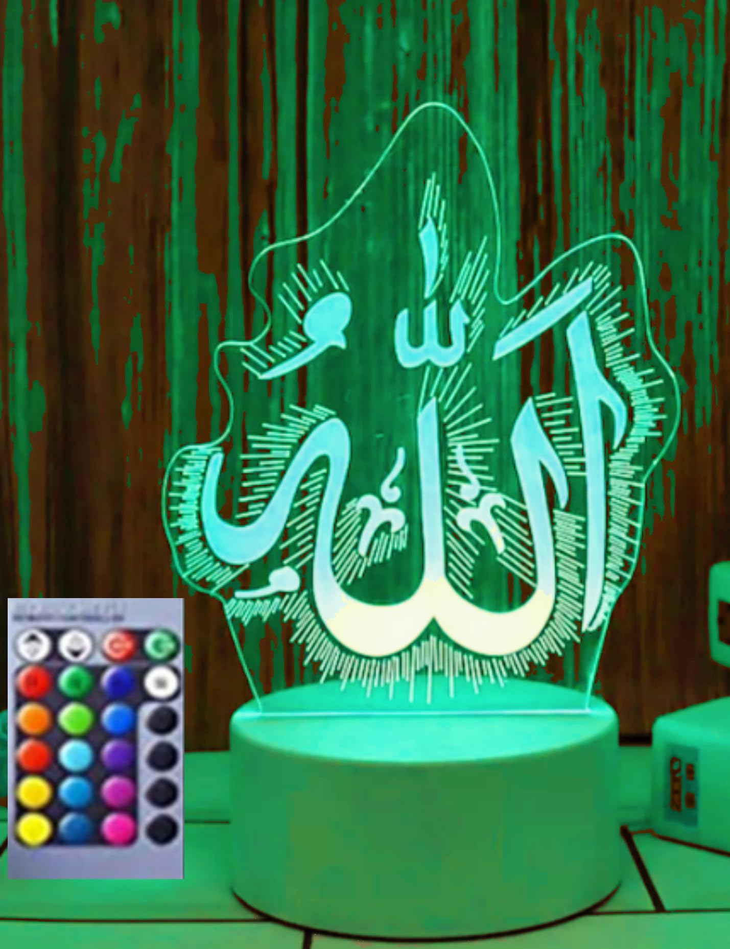 Jinnwell 3D Muslim Allah Islamic Night Light Lamp Illusion Night Light 16 Color Changing Table Desk Decoration Lamps Gift Acryli