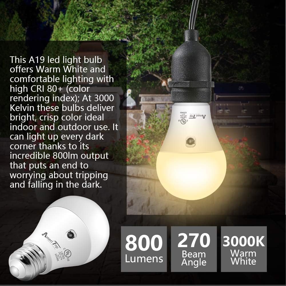 AmeriTop Dusk to Dawn LED Light Bulb 4 Pack, 800 Lumen, 10W (60W Equivalent), E26 Base, 3000K Warm White, Indoor/