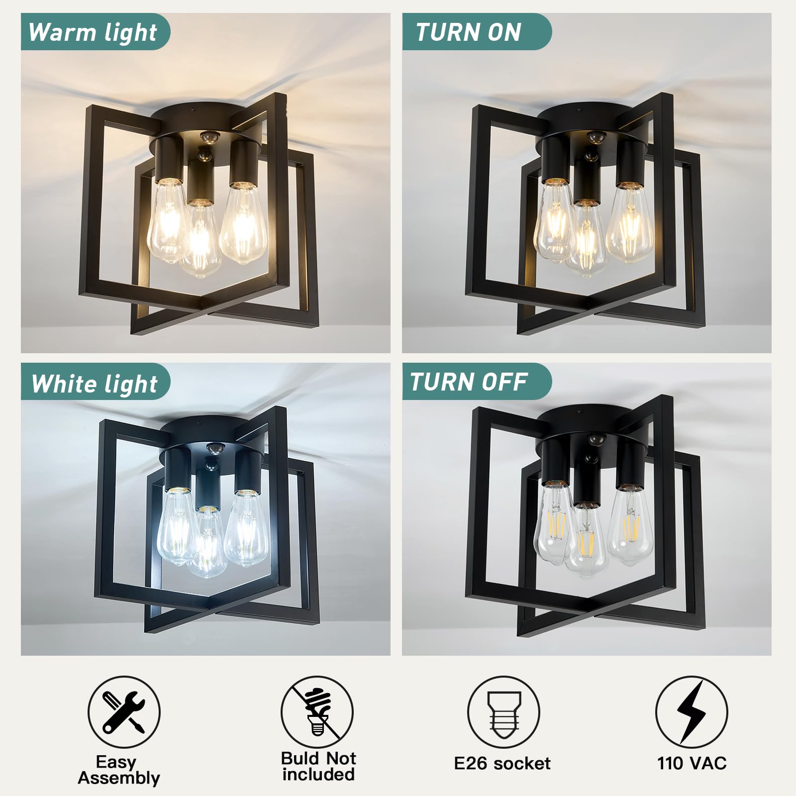 ZGLAOJT Motion Sensor Ceiling Light Fixture 3-Lights Black Industrial F-1424 Iron Chandelier for Kitchen Living Room Bedroom