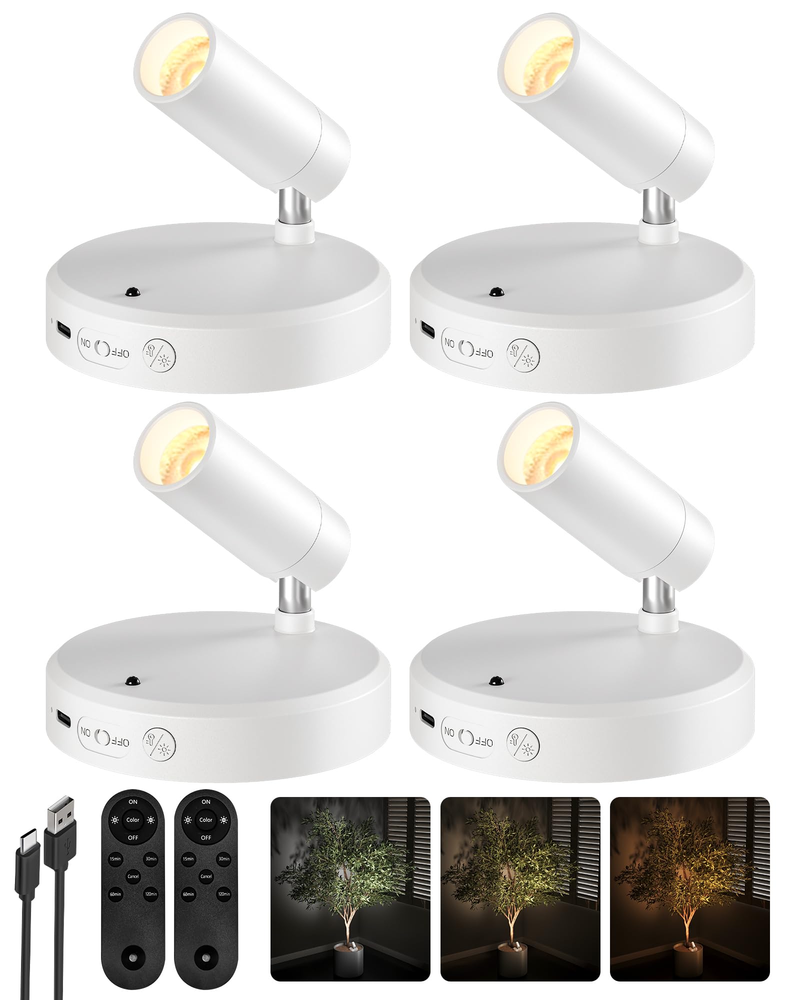 EZVALO Spot Lights Indoor 5500mAh Rechargeable Plants Spotlights with Remote Wireless Mini Art Accent Spot Lights with Timer&Dimmable  3CCT  Uplights Indoor for Plants Display Artwork(4Pack-White)