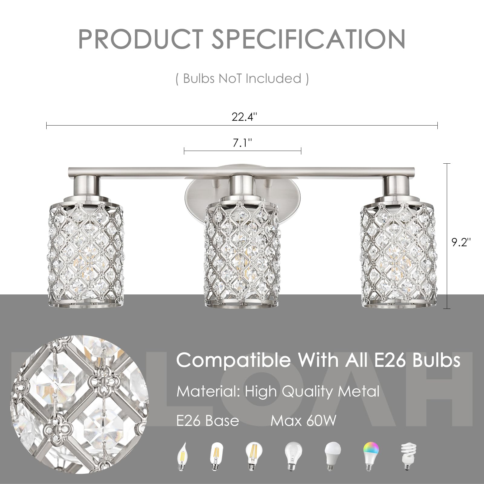 3 Light Bathroom Light Fixtures, Modern Farmhouse Vanity Light,Brushed Nickel Bathroom Lights Over Mirror,Crystal Vanity Lighting Fixtures For Bathroom,Powder Room