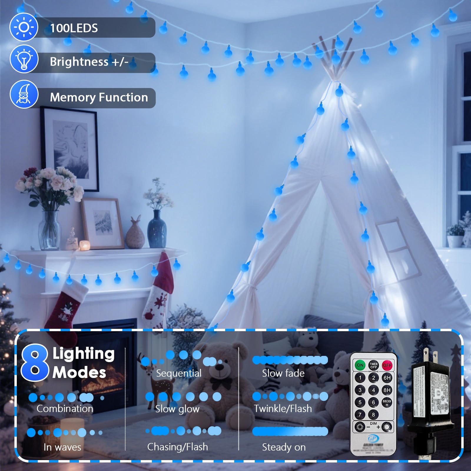 LORRYTE 100 LED Blue Connectable String Lights, 43ft Fairy Lights with Remote & Timer, Waterproof Globe for Indoor Outdoor Use