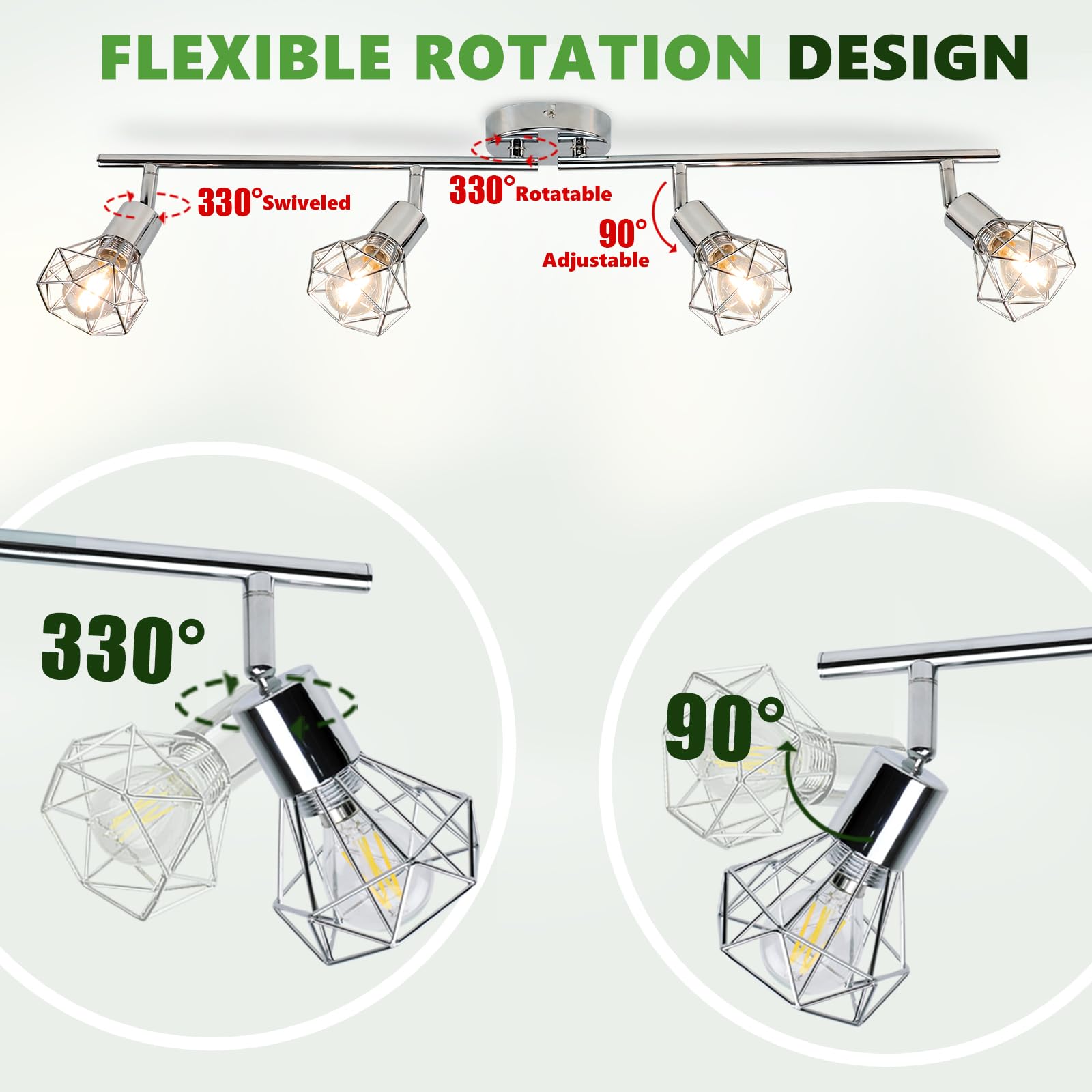 DINGLILIGHTING 4 Lights Track Lighting Kit, Modern Metal Flush Mount Lamp, Adjustable Head, E12 Bulb Included, Model WS-FNG41-40B, 4-Light-M