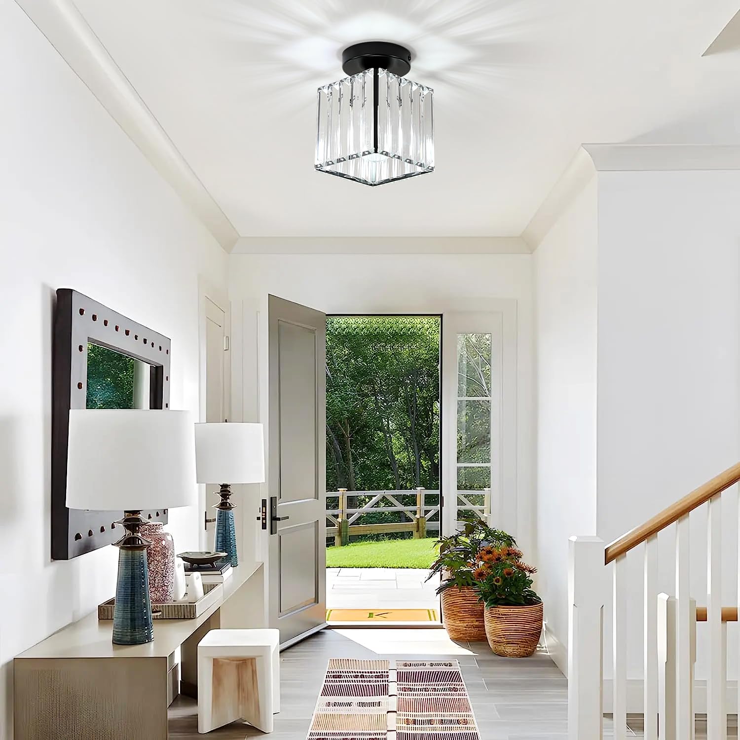 Goeco Ceiling Light, 2 Pack Square Crystal Semi Flush Mount Ceiling Light, 5.1 Inch Modern Black Mini Size Close To Ceiling Ligh