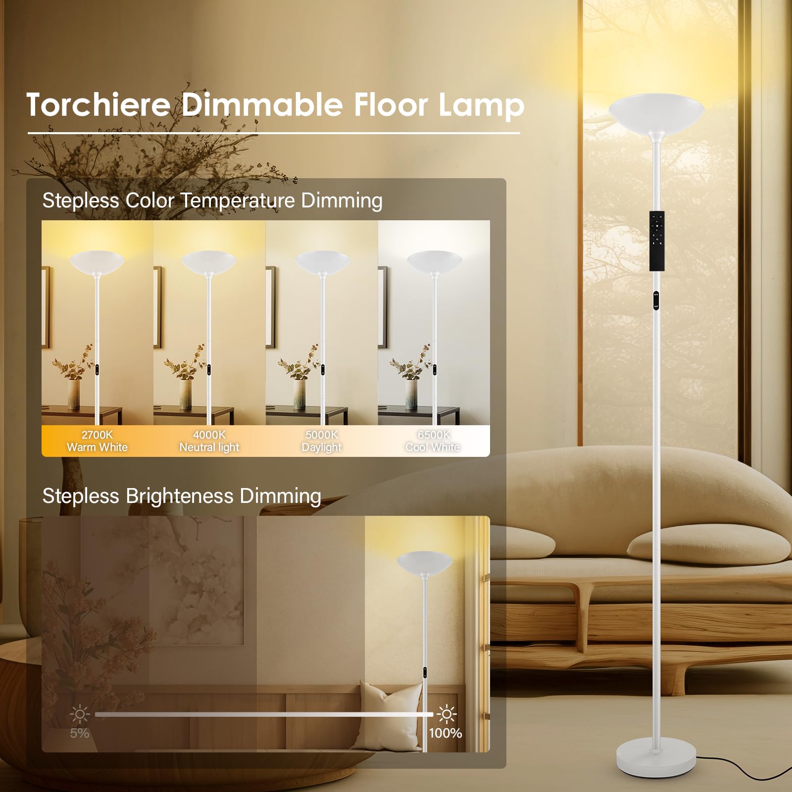 Bricosmocon 30W Dimmable Led Floor Lamp With Remote, 71&quot; Modern Torchiere For Living Room, White