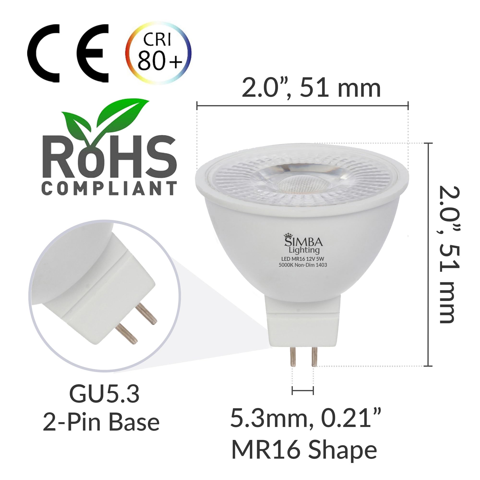 Simba Lighting LED MR16 5W Bulbs, 12V, GU5.3 Base, 5000K Daylight, 6 Pack