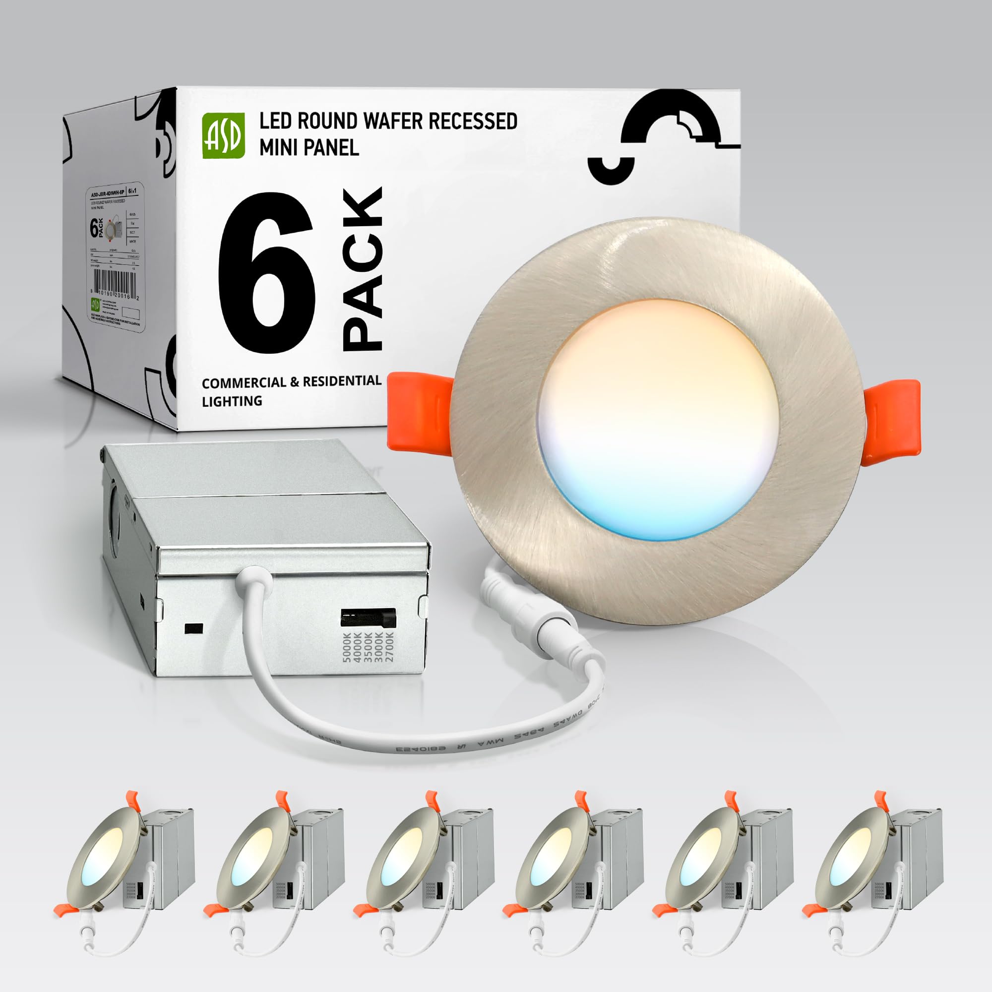 Asd 6 Pack 3 Inch Led Recessed Light 6W  5 Cct 2700K-5000K Cri90+  Ic Rated Ultra Thin Dimmable Ceiling Lights With J Box  Canless Wafer Downlight  Round Slim Panel Lighting  Energy Star Etl  Nickel