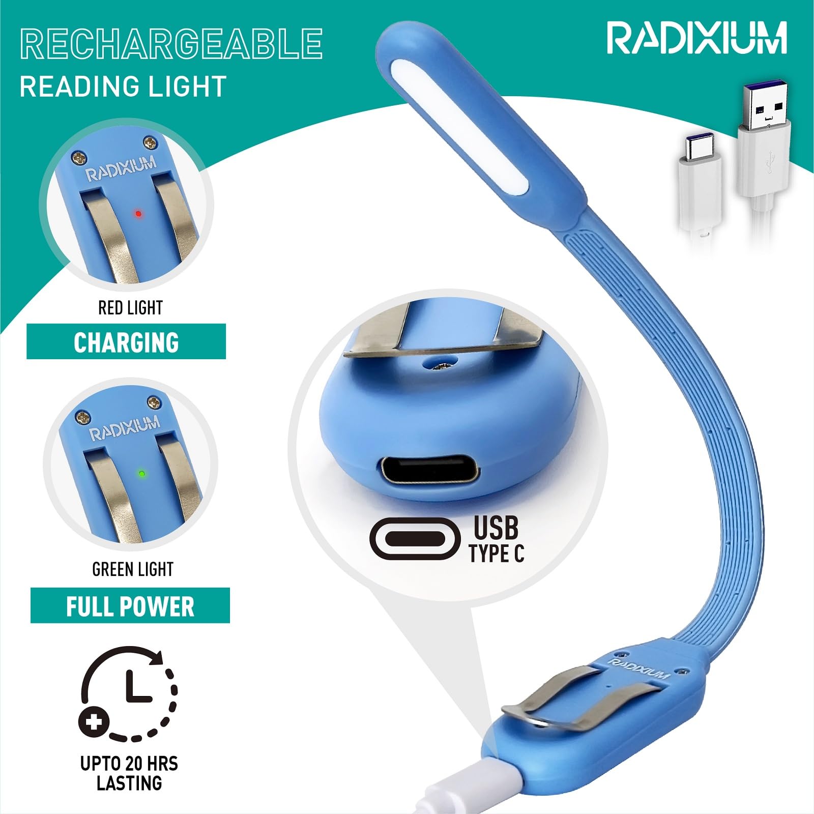 Radixium Slim Rechargeable Book Reading Light  Eye Caring Led With 4 Color Temperatures  Portable Clip On Book Light For Reading In Bed & Travelling. Prefect Elegant White Gift For Book Lover.(Blue)