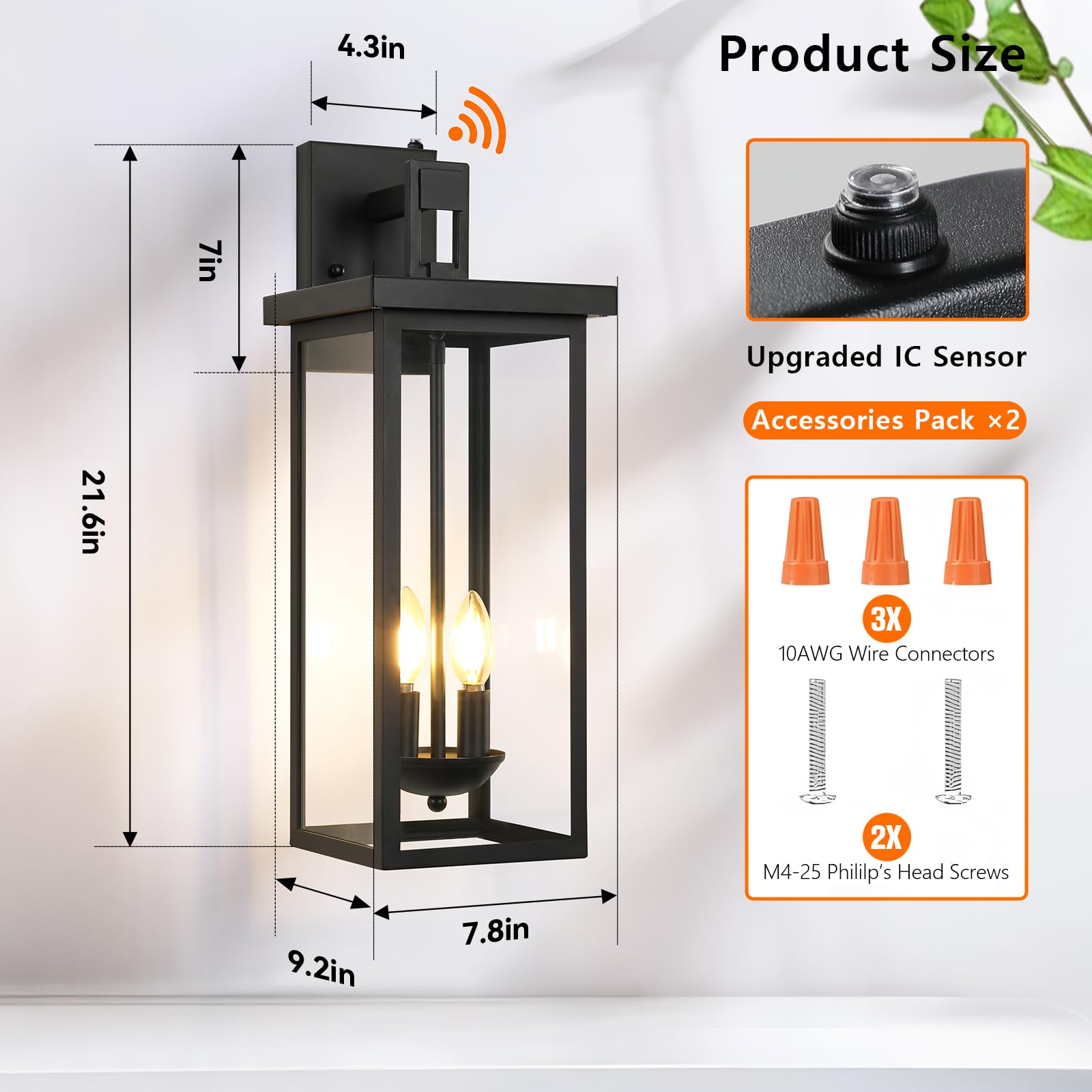 tewei 22 Inch Outdoor Wall Lights, Dusk to Dawn Black Lantern Sconce, 2 Pack with Clear Glass Shade for Garage and Porch