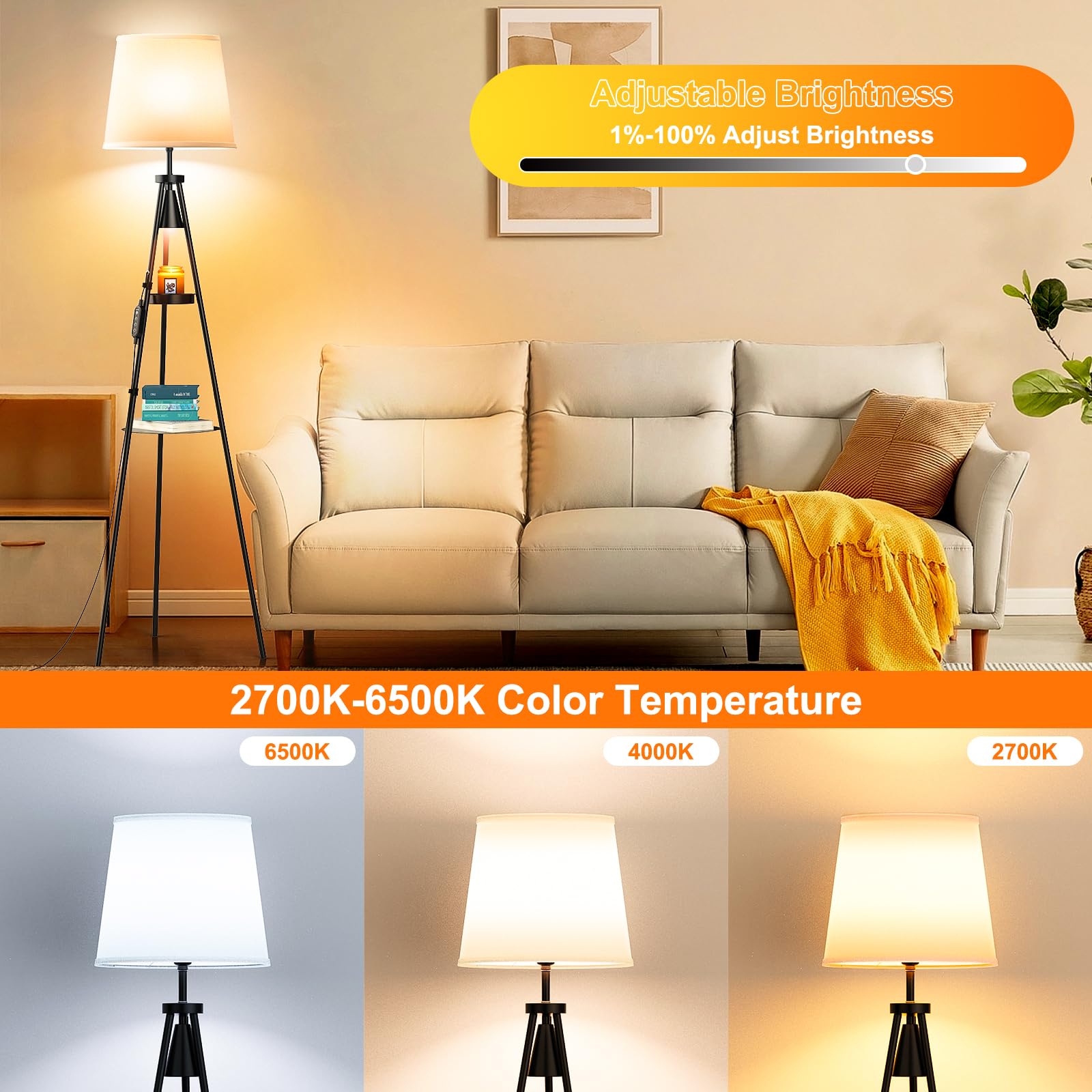 Tripod Floor Lamp, Candle Warmer Lamp With Timer, Dimmable Standing Tall Lamp For Living Room Bedroom, Wifi Smart Rgb Light Comp