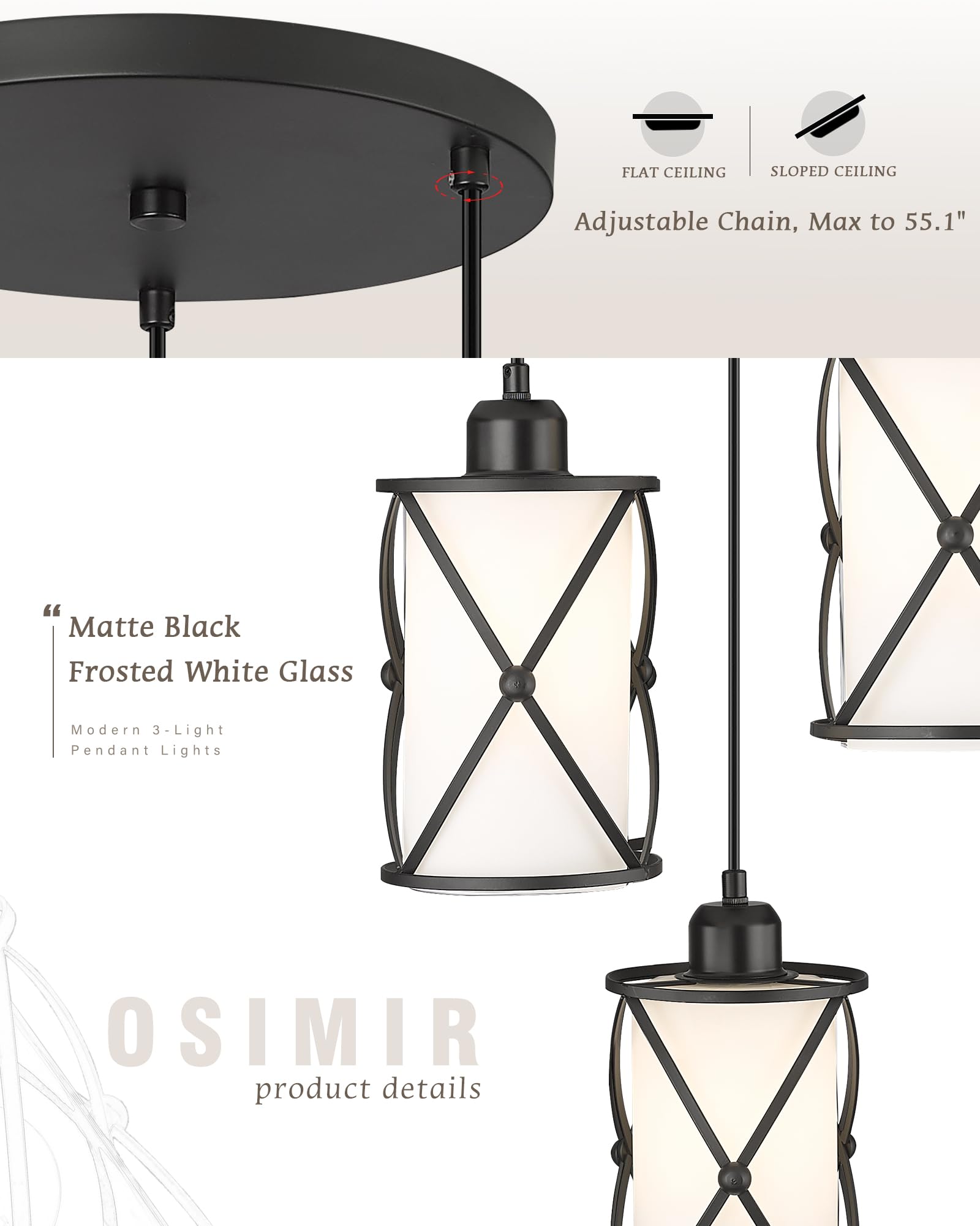 Osimir 3-Light Black Chandelier With Frosted Glass For Dining Room & Kitchen Island