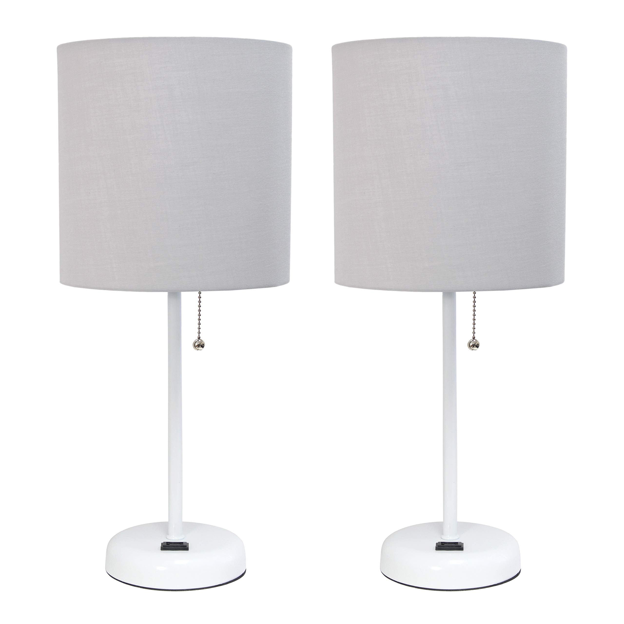 Simple Designs Lc2001-Gow-2Pk White Stick Table Lamp Set With Charging Outlet And Gray Fabric Shades, 2 Pack Set