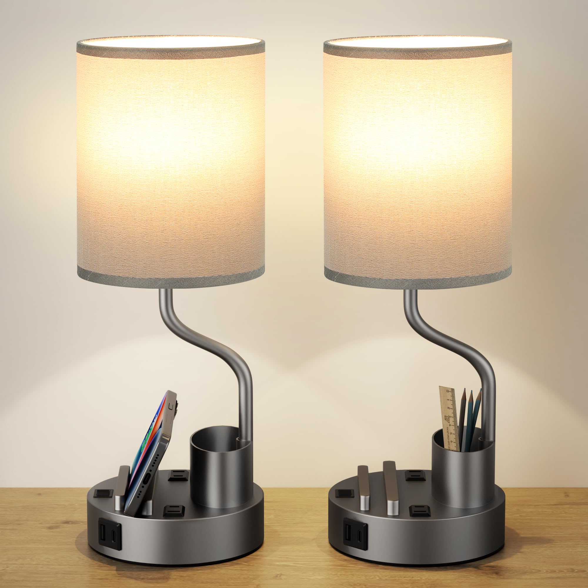 Grey Bedside Table Lamps for Bedroom Set of 2 - Nightstand Light with AC Outlet and USB A & C for Charging, 3 Color Temperatures